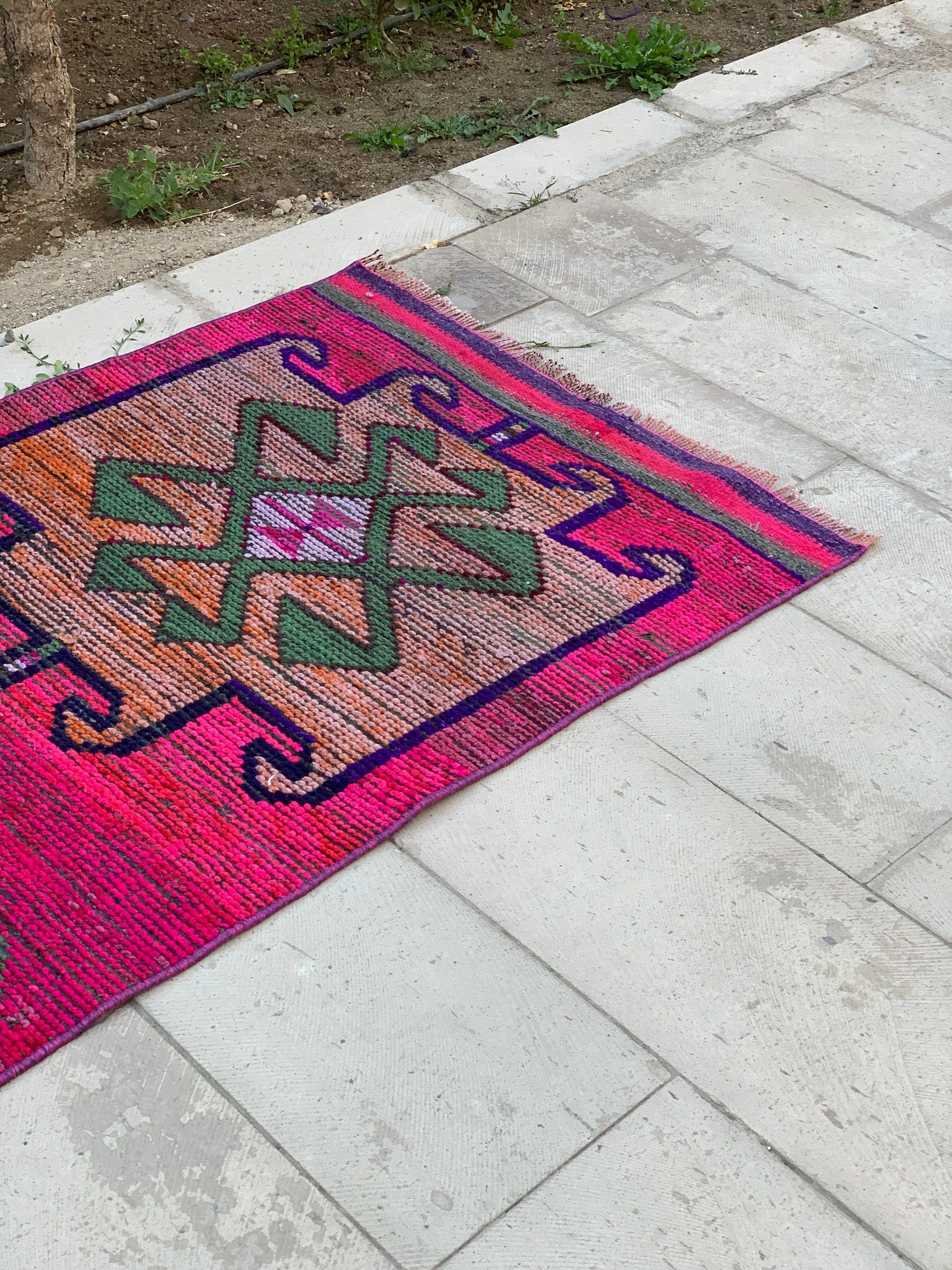 Türk Halısı, 3x10.5 ft Yolluk Halıları, Ev Dekorasyonu Halısı, Yün Halısı, Pembe Mutfak Halıları, Vintage Halı, Koridor Halıları, Mutfak Halıları, Eski Halı