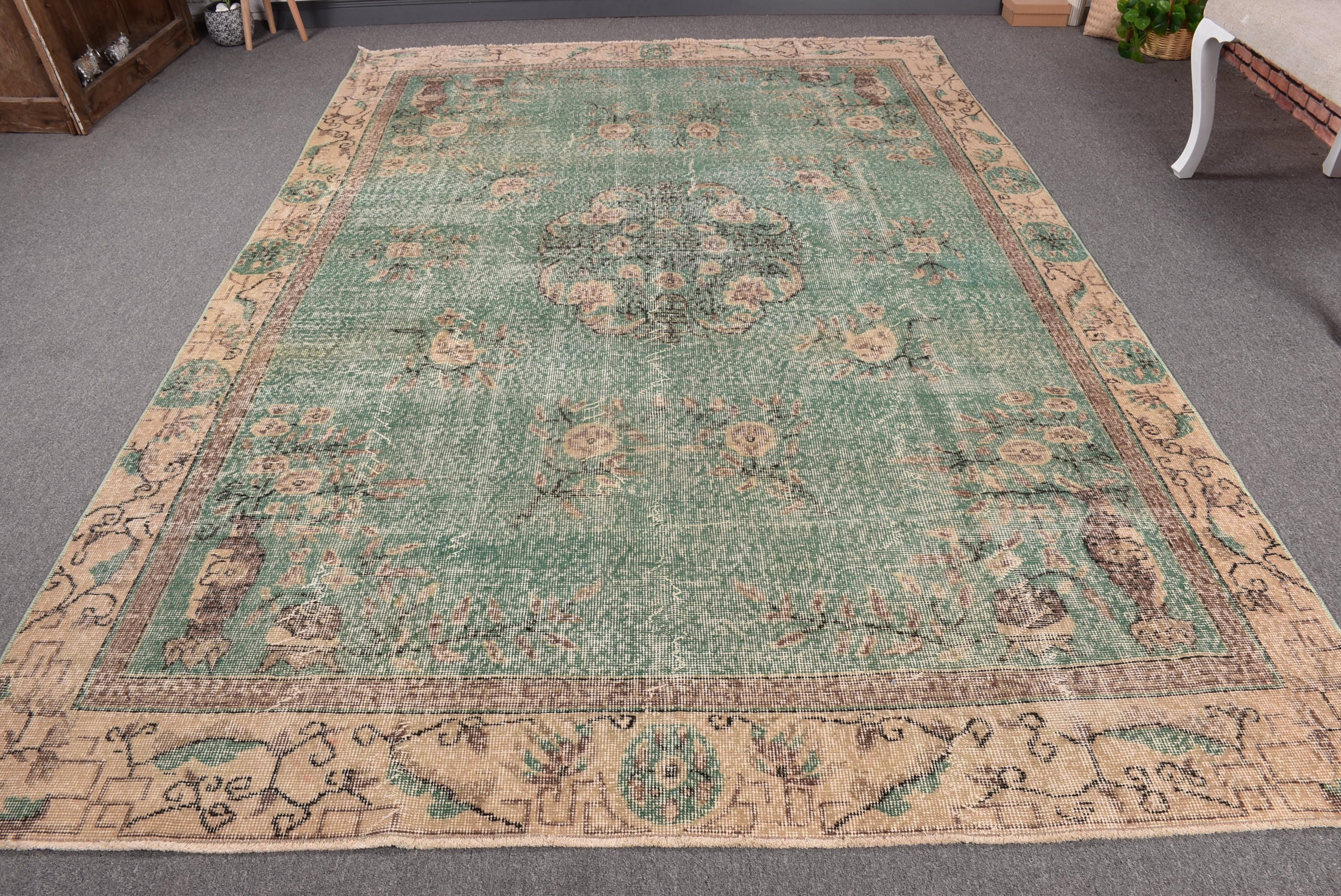 Organik Halı, Bej Soğuk Halı, 6,4x9,5 ft Büyük Halılar, Vintage Halılar, Boho Halı, Oturma Odası Halısı, Büyük Boho Halıları, Türk Halısı, Yer Halısı