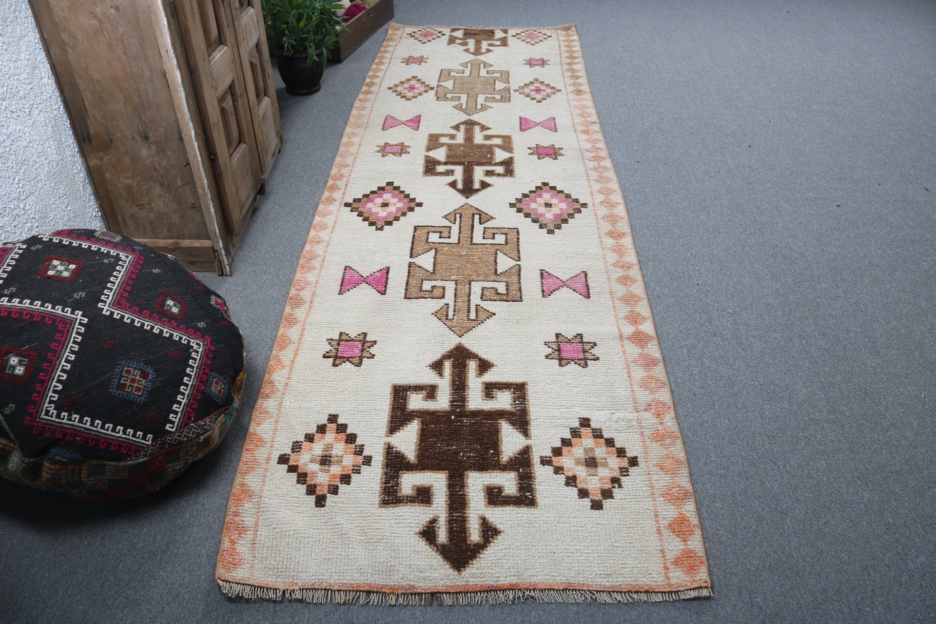 Modern Halılar, Vintage Halı, 3.3x10.7 ft Yolluk Halıları, Merdiven Halısı, Vintage Yolluk Halısı, Bej Antika Halı, Yatak Odası Halıları, Türk Halısı, Ofis Halıları