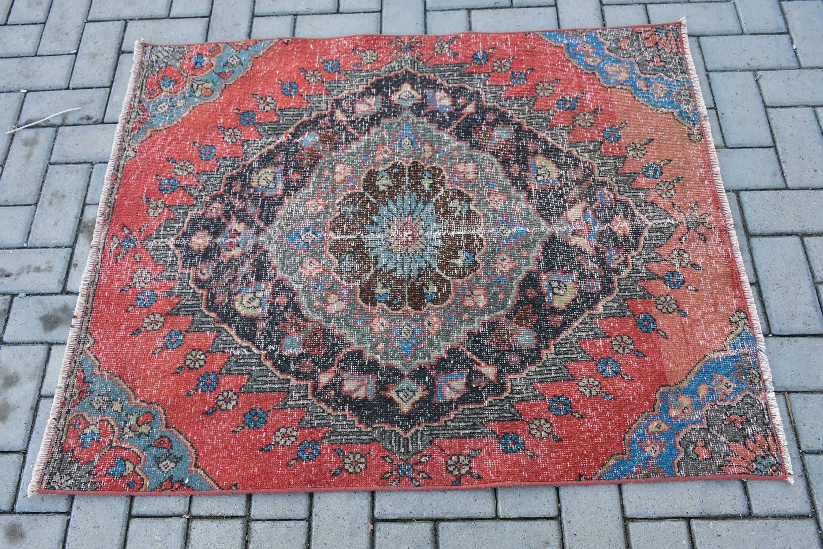 Kitchen Rugs, Rugs for Wall Hanging, Red Cool Rug, Eclectic Rug, Vintage Rugs, 3.3x4.1 ft Small Rug, Turkish Rug, Car Mat Rug