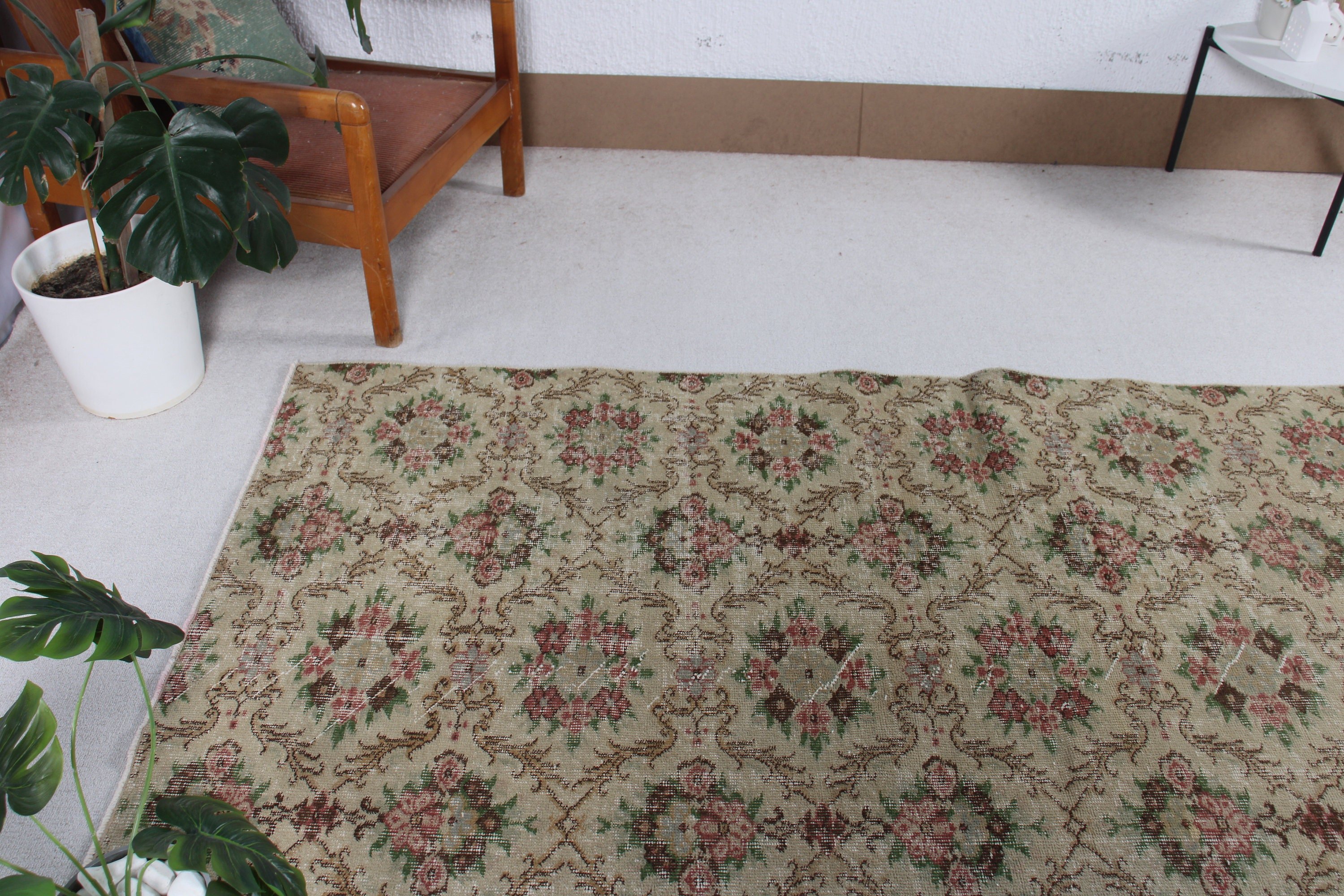 Vintage Rug, Turkish Rug, Beige  3.6x7.9 ft Area Rugs, Kitchen Rug, Handwoven Rug, Geometric Rugs, Floor Rug