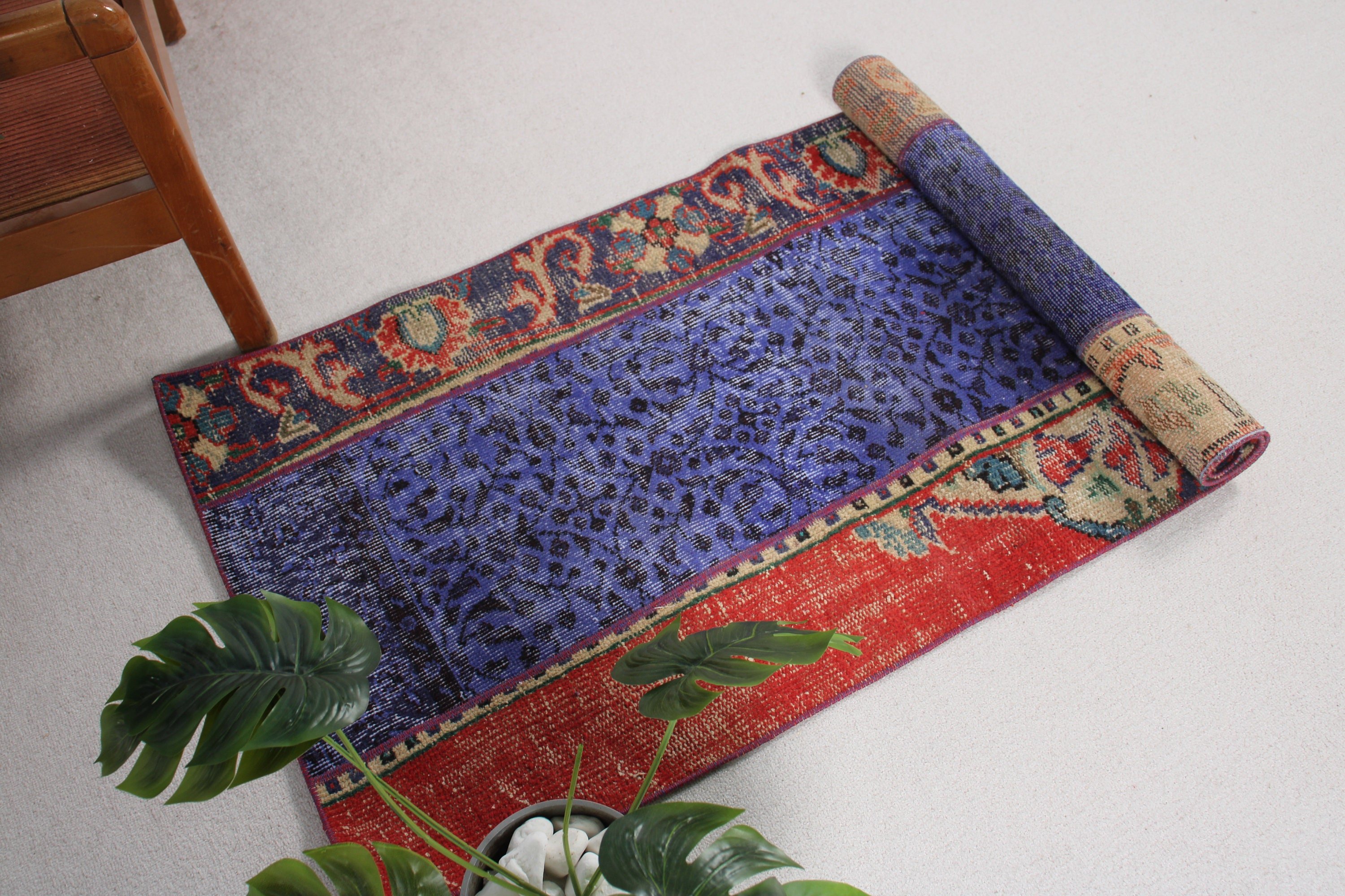 Mutfak Halıları, 2.3x4.9 ft Küçük Halı, Araba Paspas Halısı, Türk Halısı, Küçük Boho Halısı, Vintage Halı, Mavi Oryantal Halılar, Yün Halılar