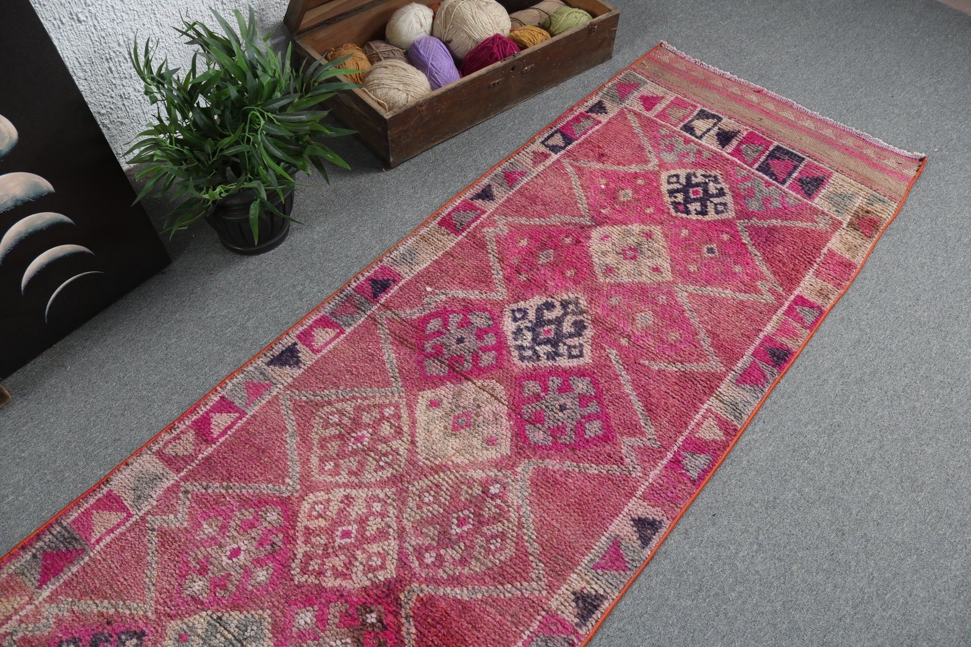 Vintage Rugs, Handmade Rug, Neutral Rugs, 2.5x12.3 ft Runner Rug, Floor Rugs, Beni Ourain Runner Rugs, Turkish Rugs, Pink Statement Rugs