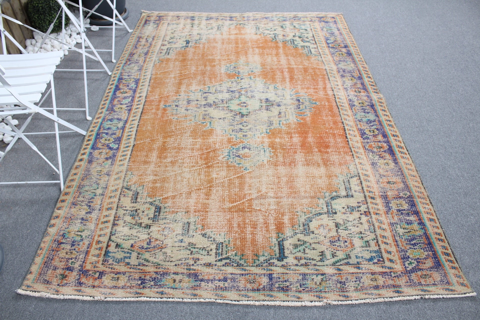 5.3x7.4 ft Alan Halısı, İç Mekan Halıları, Vintage Halılar, Türk Halısı, Zemin Halıları, Ev Dekorasyonu Halısı, Turuncu Oushak Halıları, Oryantal Halı, Çocuk Halısı