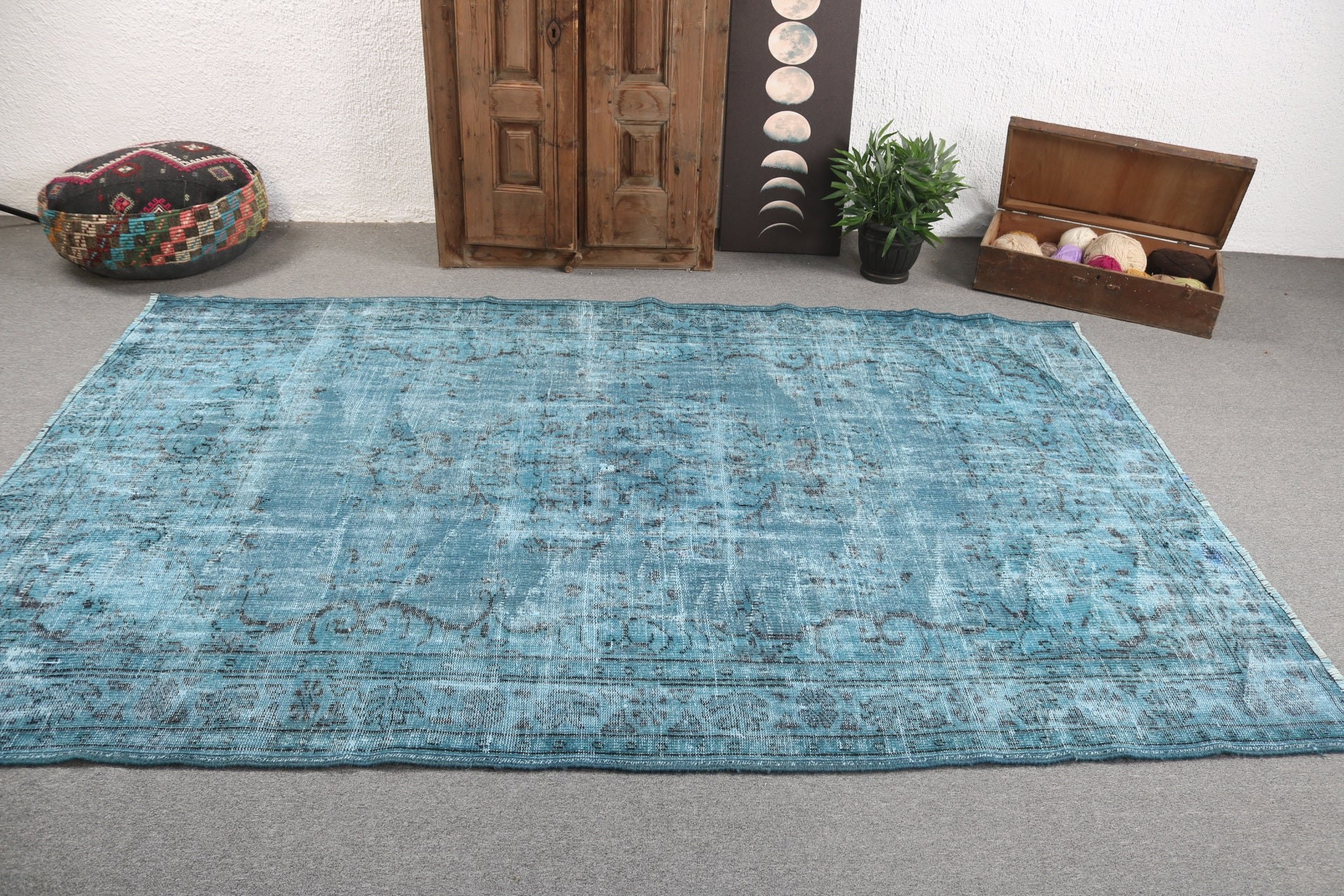 5.9x8.9 ft Büyük Halı, Salon Halısı, Modern Halılar, Vintage Halılar, Türk Halıları, Salon Halıları, Büyük Oushak Halıları, Yer Halısı, Mavi Oryantal Halılar