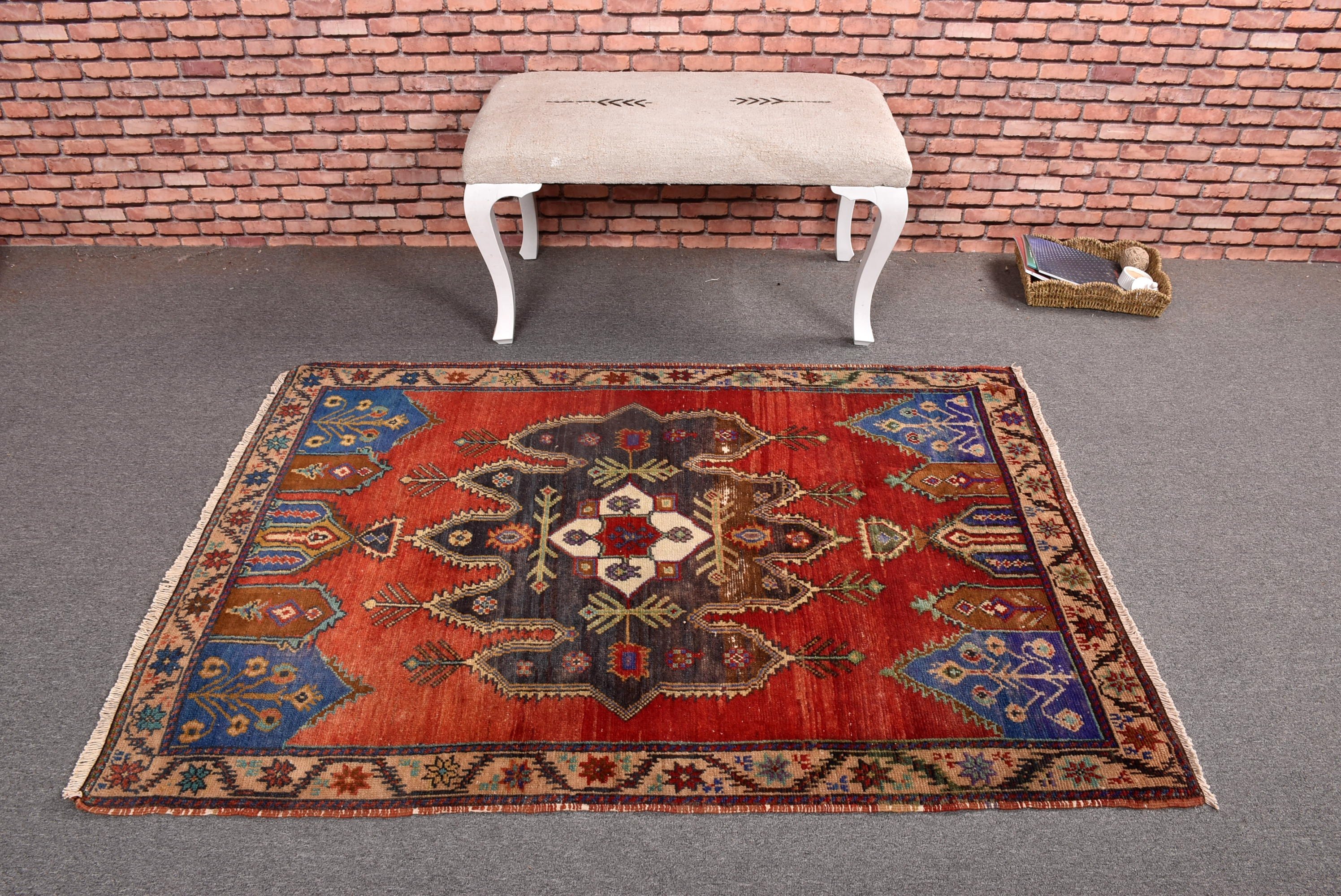 Kırmızı Lüks Halılar, Boho Vurgulu Halı, Aztek Halıları, Vintage Vurgulu Halı, 3,7x5,2 ft Vurgulu Halı, Havalı Halı, Lüks Halılar, Türk Halısı, Vintage Halılar