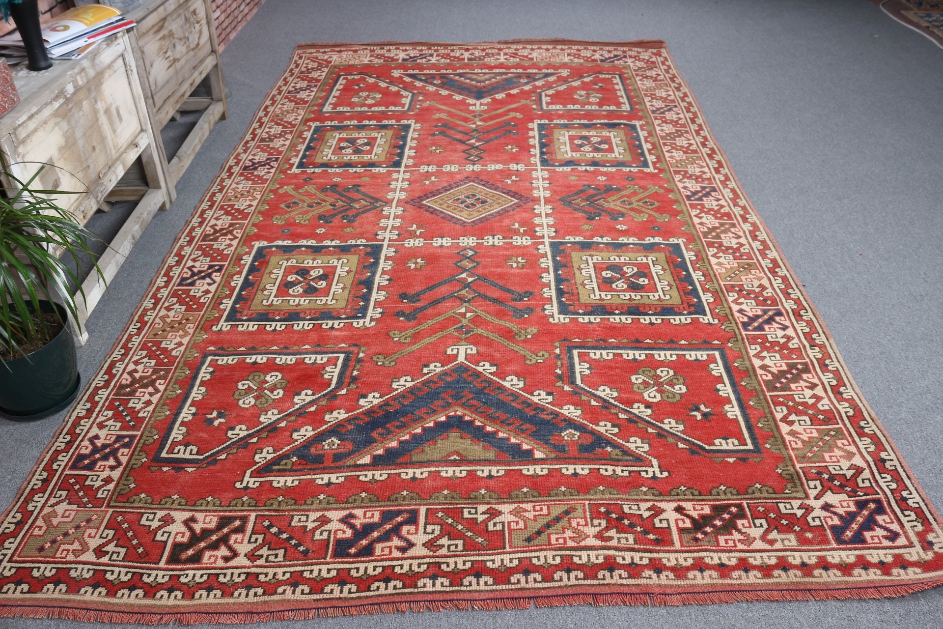 Kırmızı Fas Halıları, 6.5x10.7 ft Büyük Halı, Soyut Halı, Salon Halısı, Yemek Odası Halıları, Türk Halısı, Mutfak Halıları, Vintage Halı, Oryantal Halı