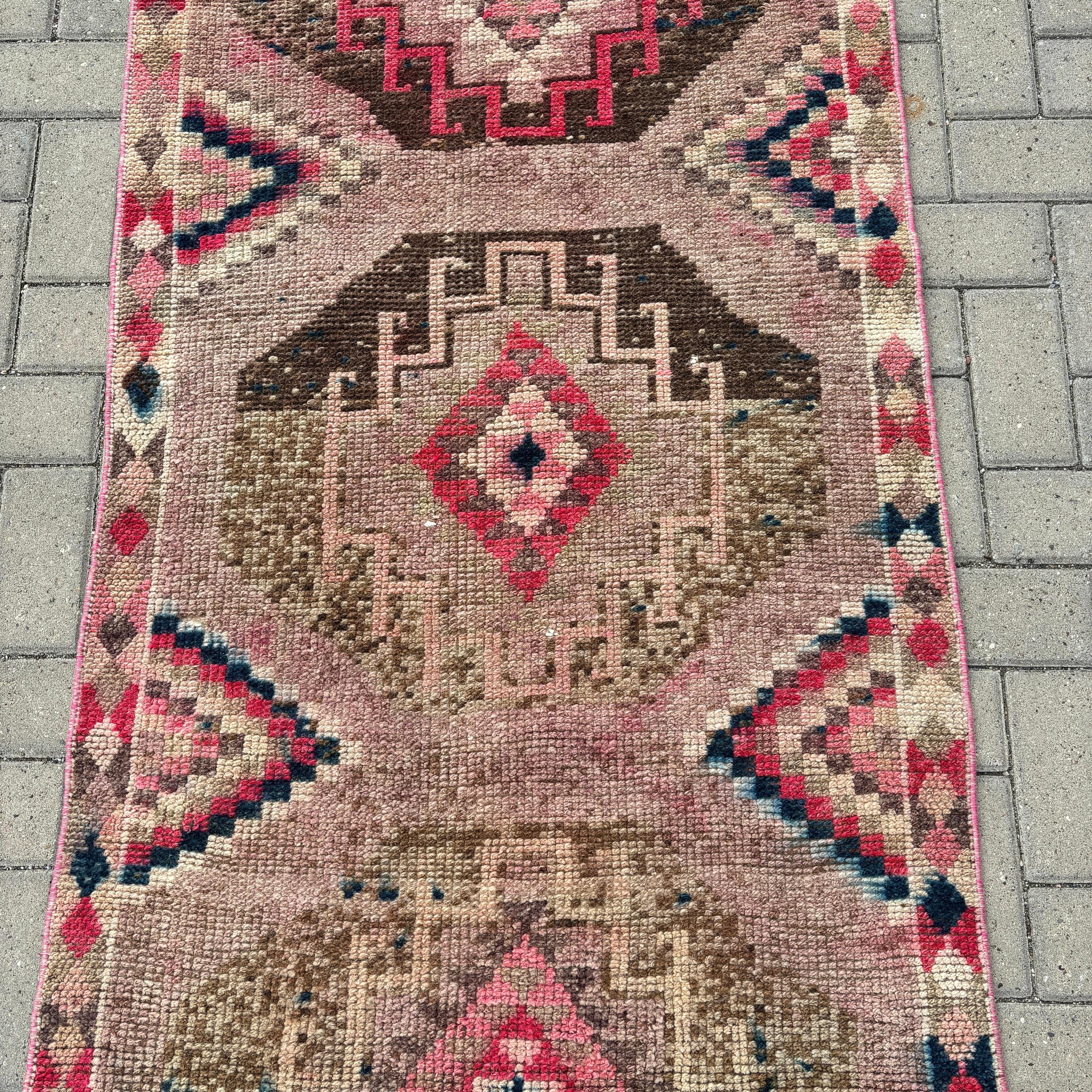 Vintage Halılar, Vintage Yolluk Halısı, Kahverengi Mutfak Halıları, Türk Halısı, 2.9x12.6 ft Yolluk Halısı, Merdiven Yolluk Halısı, El Dokuma Halı, Modern Halı