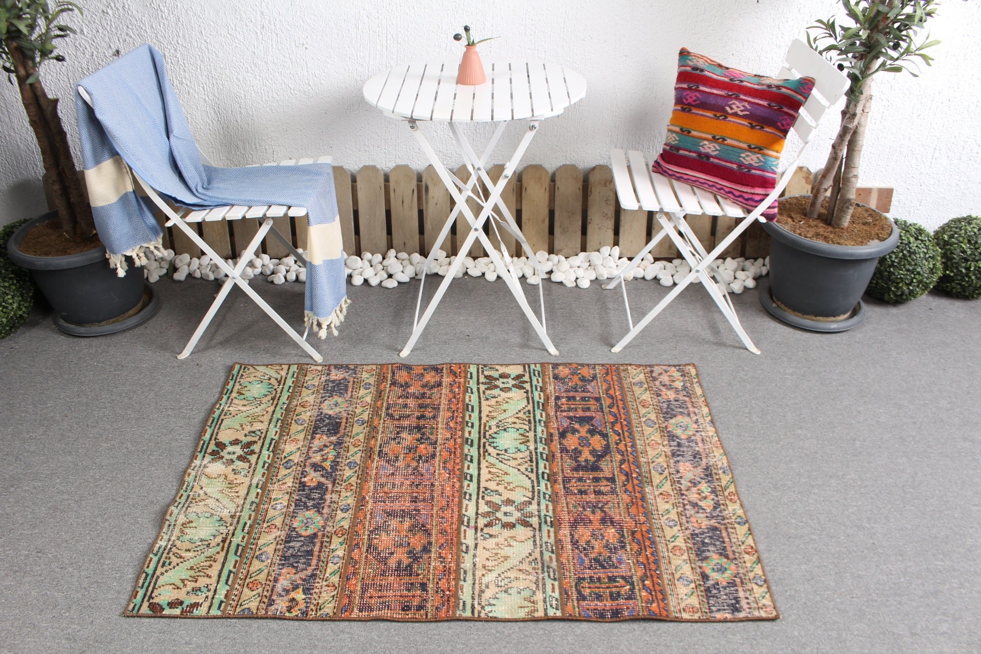 2,9x4,3 ft Küçük Halılar, Vintage Halı, Eskitilmiş Halı, Mavi Fas Halıları, Oushak Halısı, Türk Halısı, Banyo Halıları, Ev Dekorasyonu Halısı, Giriş Halısı