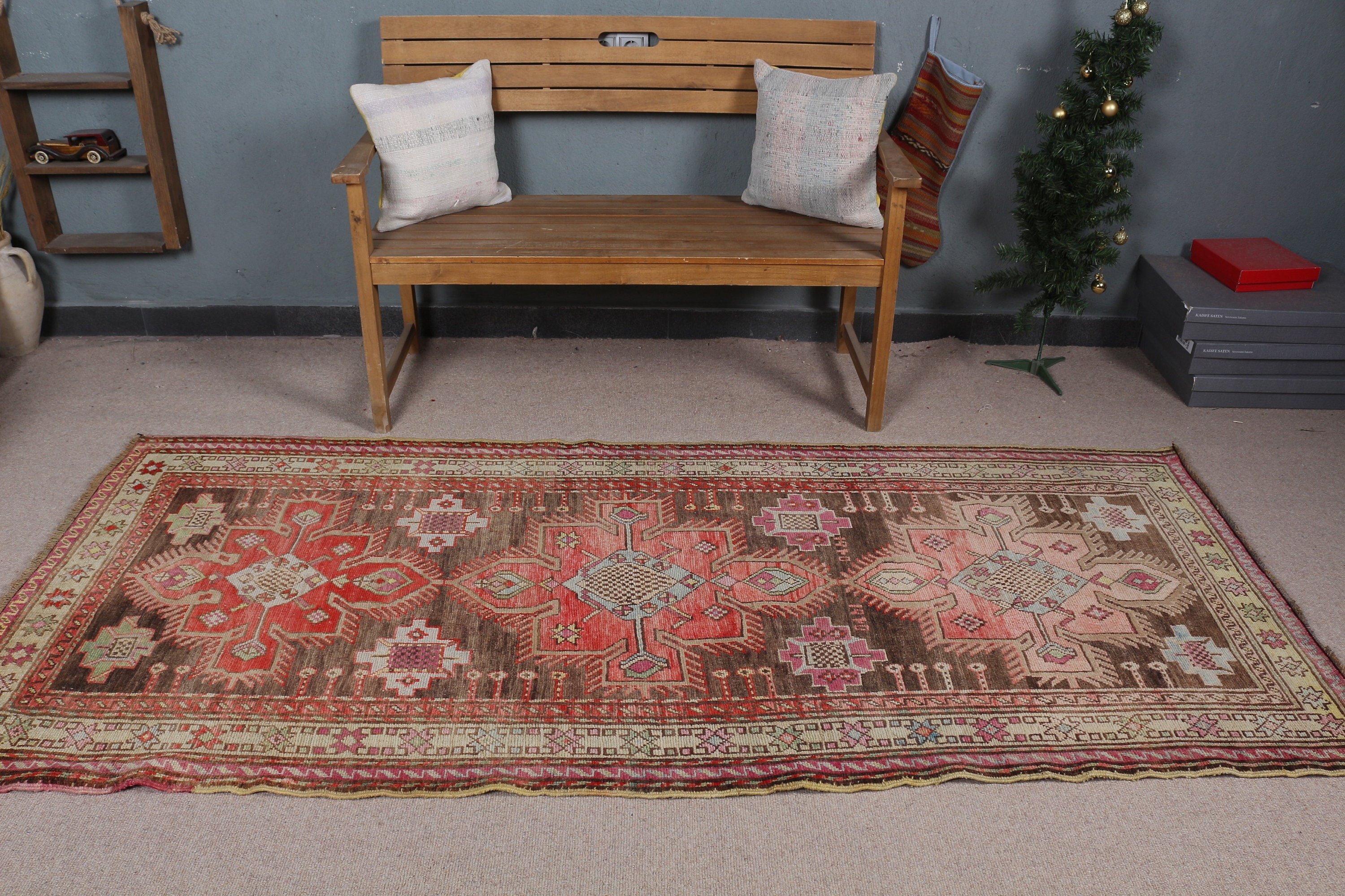 3.7x8.3 ft Area Rug, Red Antique Rugs, Wool Rug, Rugs for Indoor, Bedroom Rugs, Floor Rug, Dining Room Rug, Vintage Rug, Turkish Rug