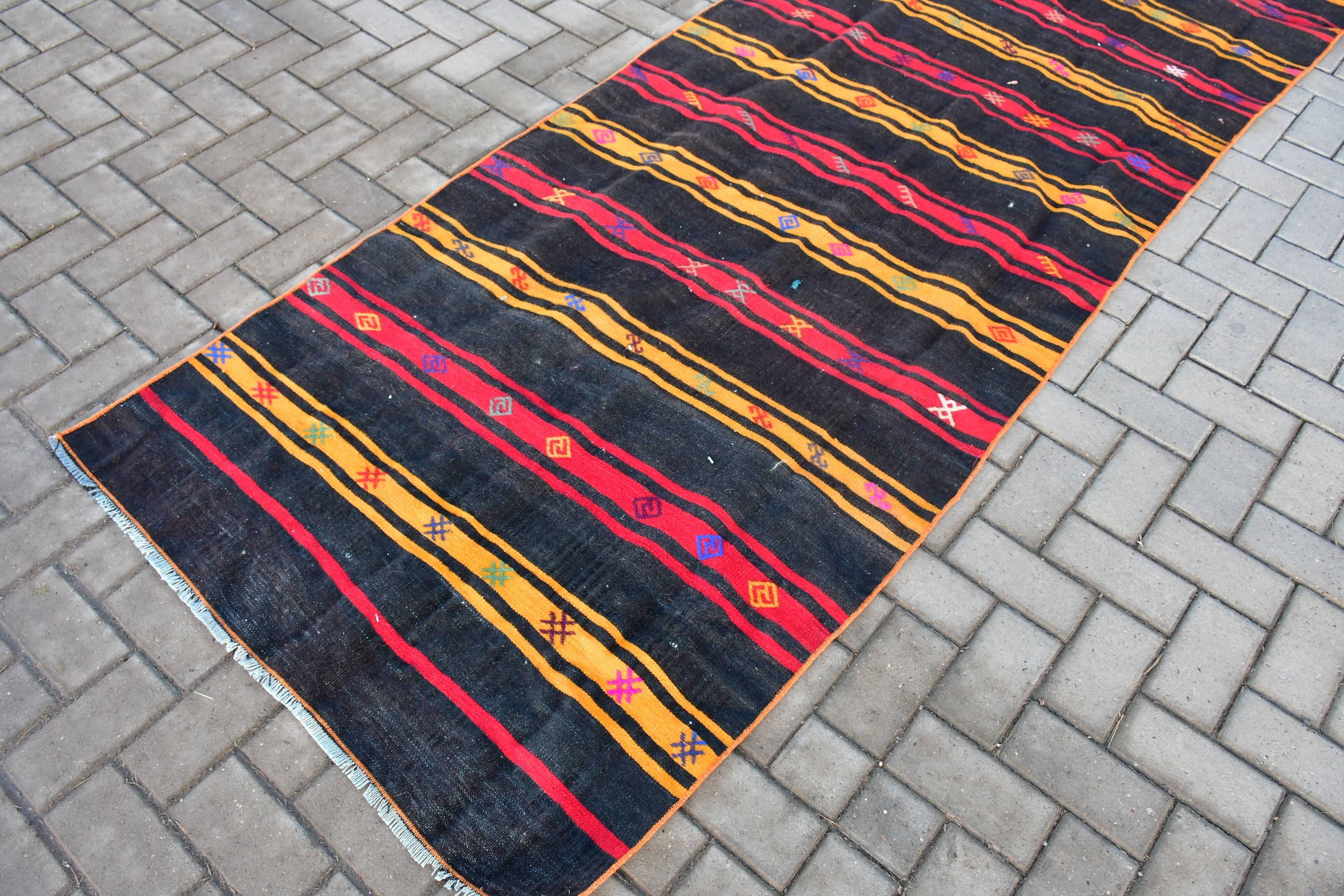 Corridor Rug, Anatolian Rugs, 3.4x11.4 ft Runner Rug, Oriental Rugs, Vintage Rug, Black Kitchen Rugs, Rugs for Kitchen, Kilim, Turkish Rug