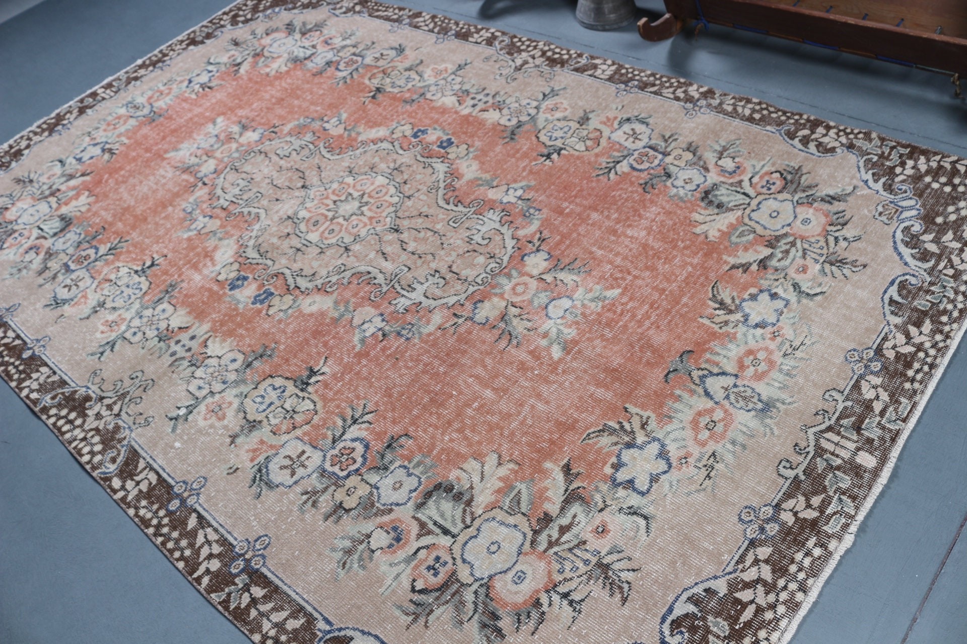 6x9.4 ft Büyük Halı, Anadolu Halısı, Vintage Halı, Yemek Odası Halısı, Türk Halısı, Salon Halıları, Havalı Halılar, Yatak Odası Halıları, Turuncu Soğuk Halı