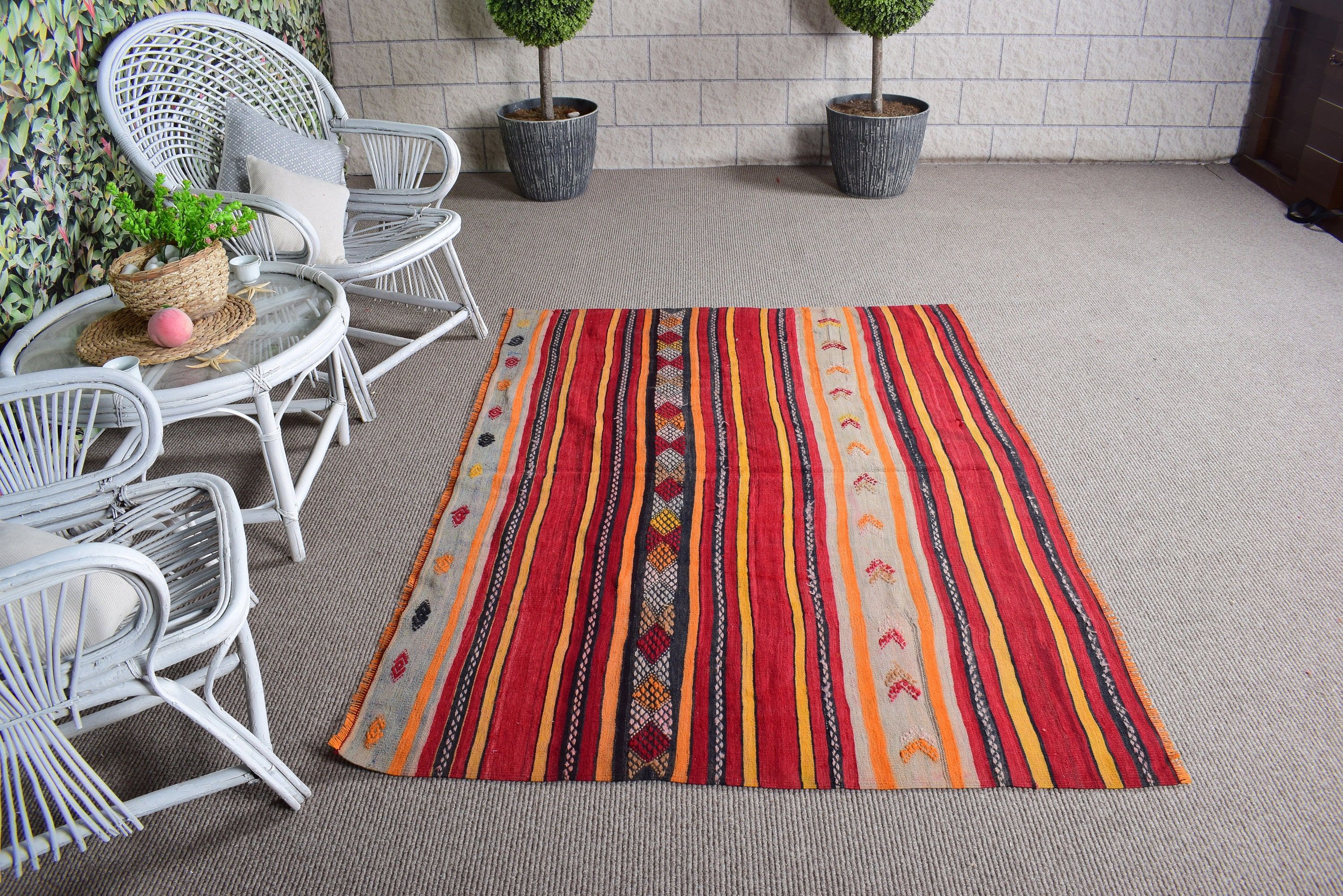 Düz Dokuma Halılar, Kırmızı Geometrik Halılar, Kilim, Yemek Odası Halıları, Vintage Halı, 4.4x6 ft Alan Halısı, Oturma Odası Halısı, Türk Halısı, Mutfak Halıları