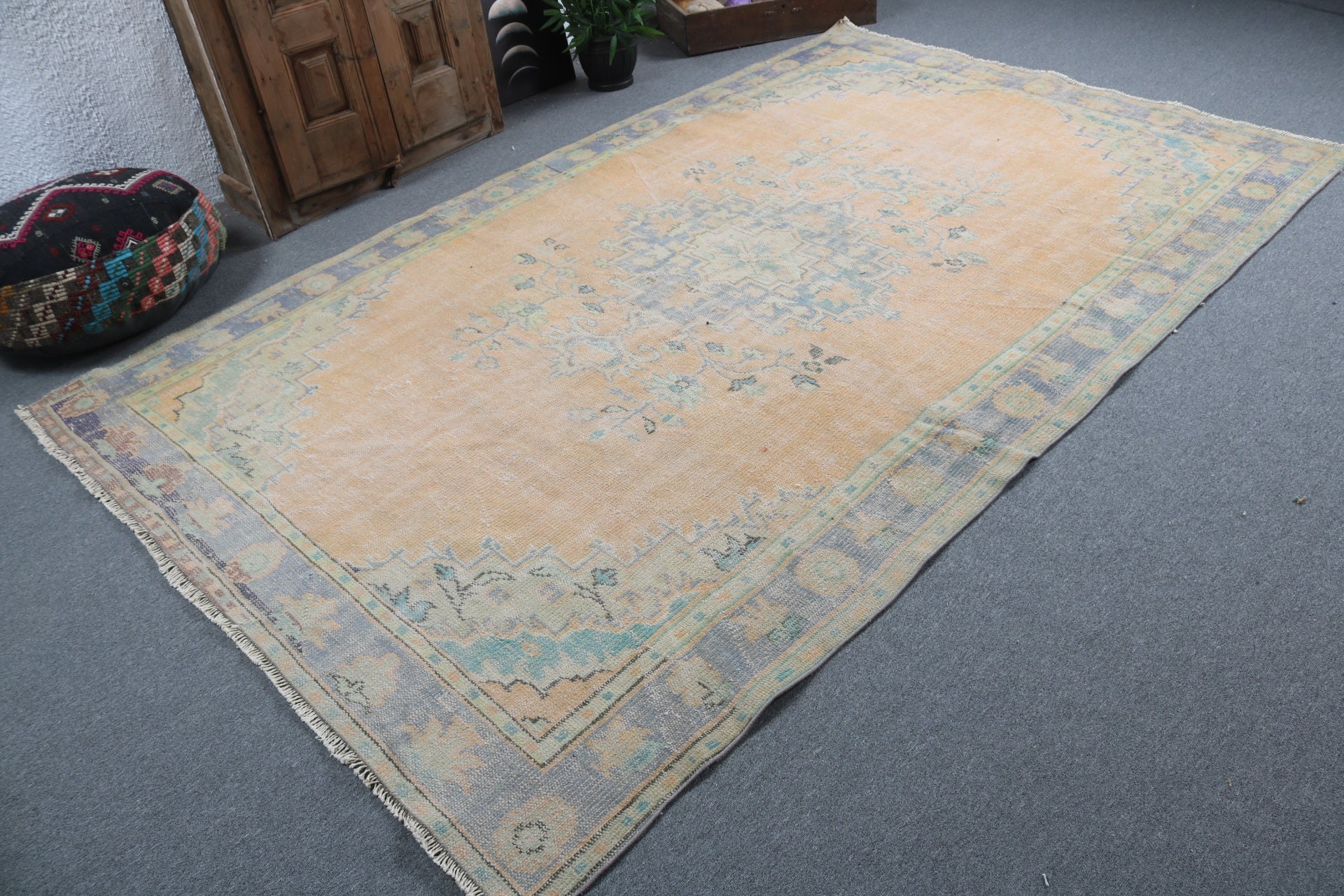 6.2x9.6 ft Büyük Halı, Salon Halıları, Sarı Geometrik Halı, Düz Dokuma Halı, Oushak Halı, Büyük Boho Halıları, Vintage Halılar, Egzotik Halı, Türk Halısı