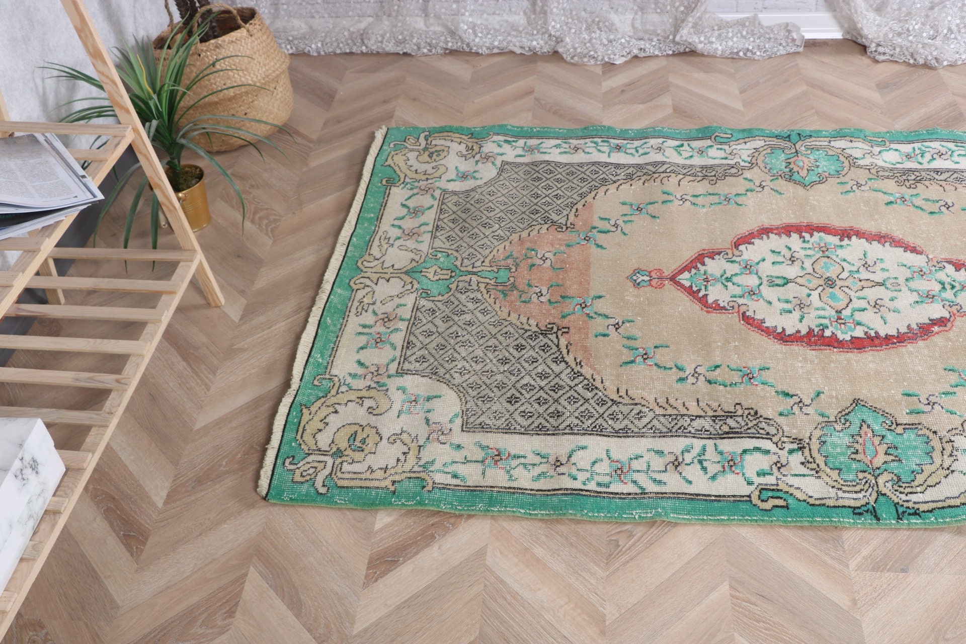 Floor Rug, Vintage Rug, Green Statement Rug, Organic Rugs, Geometric Rugs, Antique Rugs, 4.1x6.8 ft Area Rugs, Rugs for Floor, Turkish Rugs