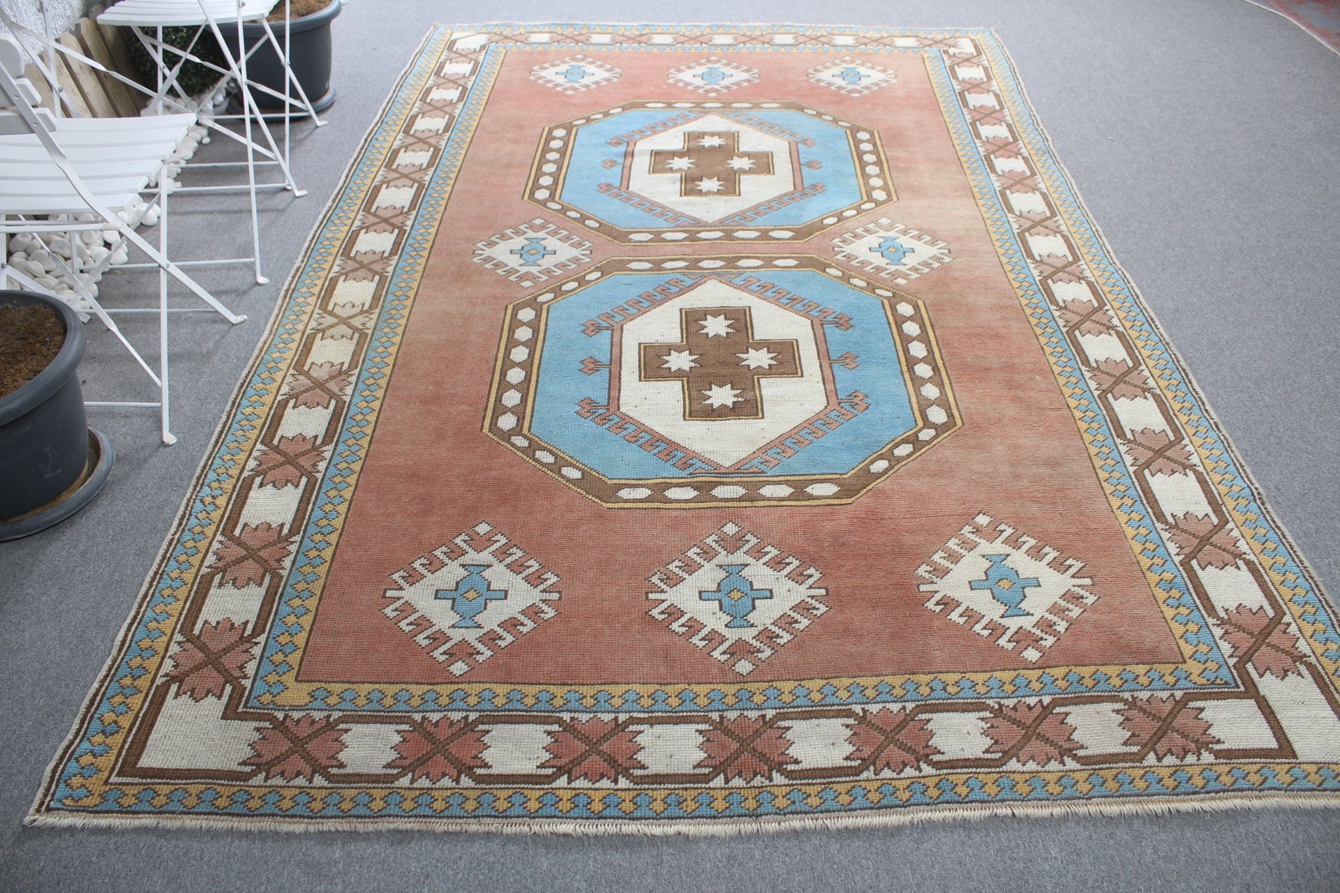 Rugs for Salon, Living Room Rug, Turkish Rugs, Oushak Rug, Brown Bedroom Rugs, Vintage Rug, Bright Rug, 6.5x10.1 ft Large Rug, Kitchen Rug