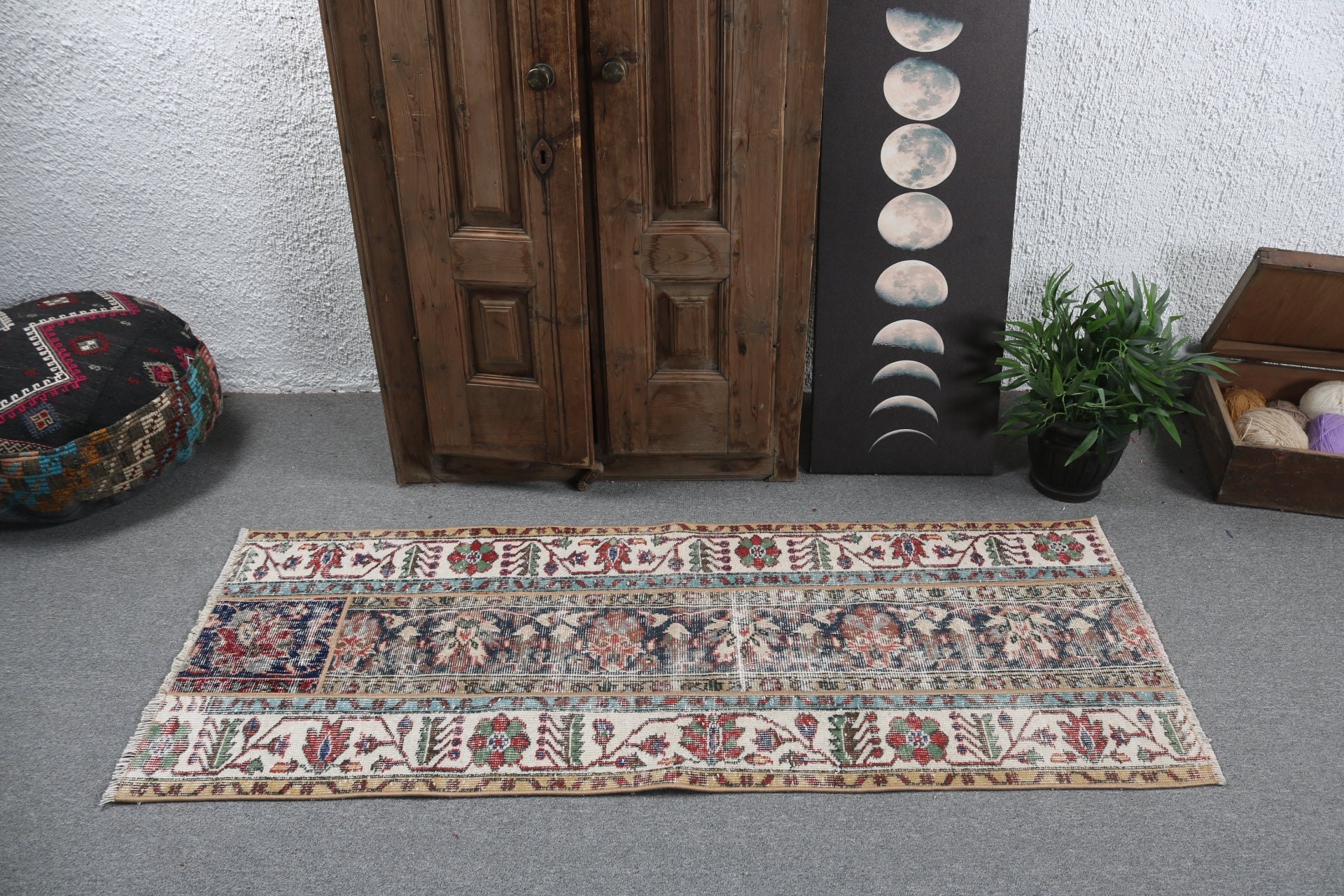 Modern Halılar, Giriş Halısı, Bej 2.3x5.6 ft Küçük Halı, Vintage Halı, Lüks Halılar, Türk Halısı, Kapı Paspası Halıları