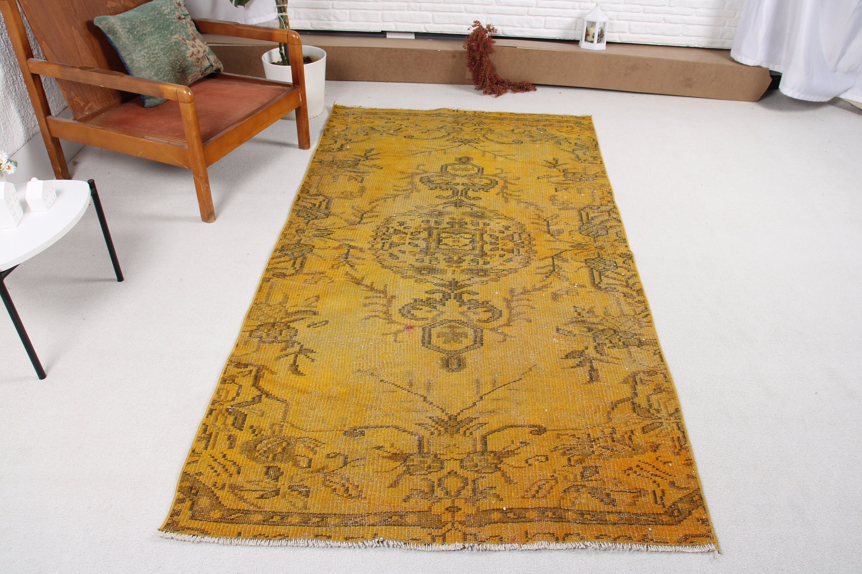 Vintage Alan Halısı, Ev Dekor Halısı, Yatak Odası Halıları, Yer Halısı, Vintage Halı, 3.9x7.4 ft Alan Halıları, Türk Halıları, Sarı Modern Halı