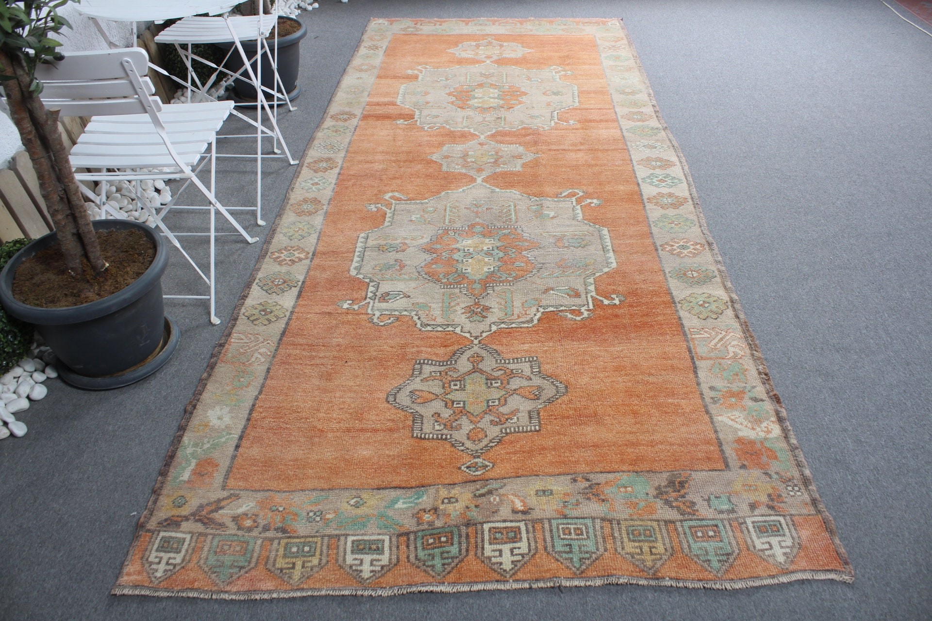 Yemek Odası Halıları, Turuncu Antika Halı, Yün Halı, Oushak Halı, Vintage Halı, Salon Halısı, Türk Halıları, 4.8x11.5 ft Büyük Halılar, Yatak Odası Halıları