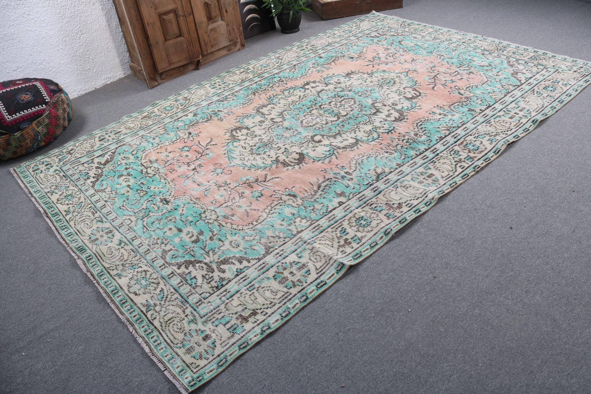 6.5x10.1 ft Büyük Halı, Türk Halıları, Ev Dekor Halısı, Büyük Oushak Halısı, Yeşil Modern Halılar, Vintage Halılar, Büyük Vintage Halılar