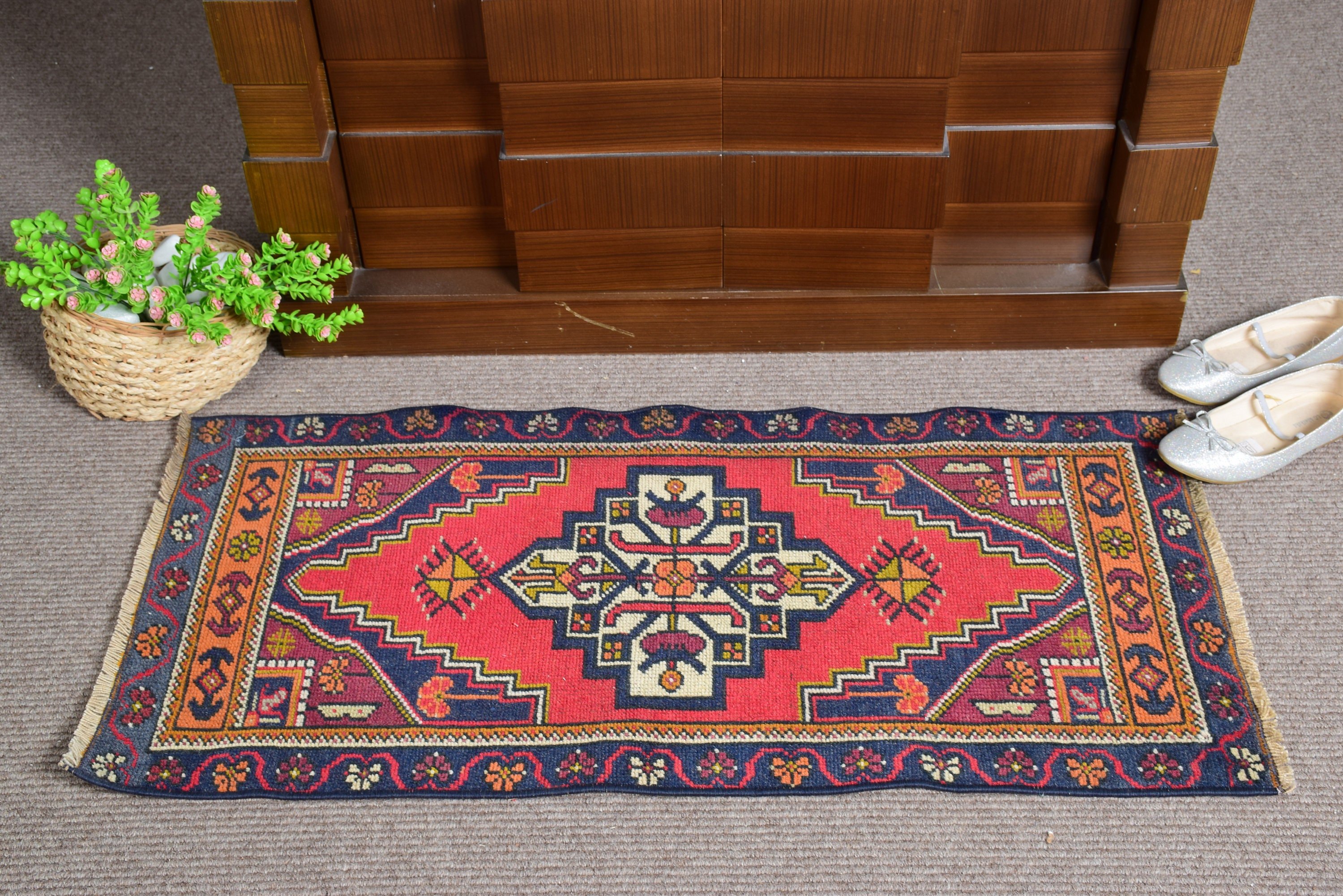 Kitchen Rug, Vintage Rugs, Rugs for Wall Hanging, Floor Rug, Door Mat Rug, Red Floor Rug, Turkish Rugs, 1.6x3.4 ft Small Rug, Oushak Rug