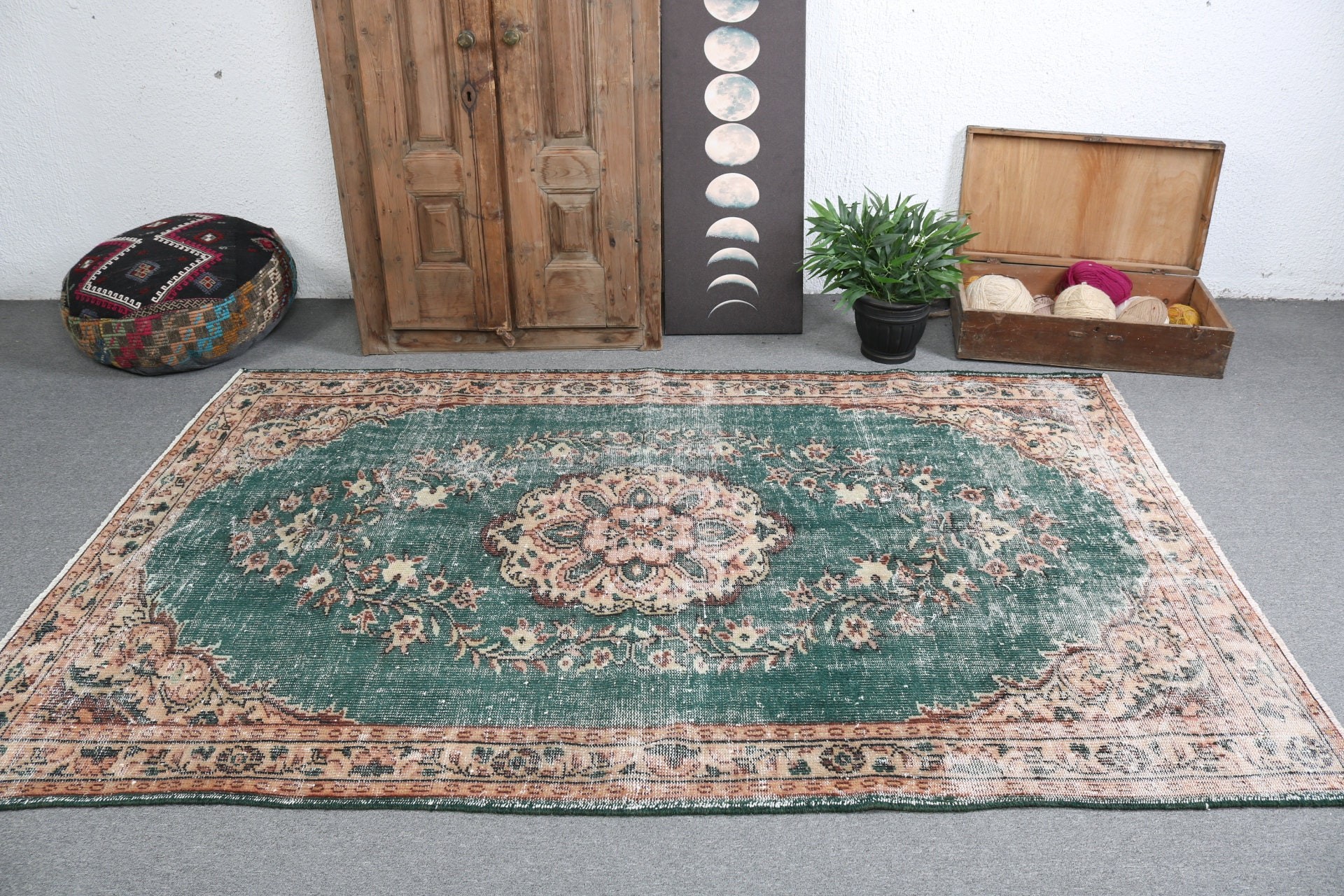 Büyük Boho Halı, Mutfak Halısı, Yemek Odası Halıları, Yeşil Lüks Halılar, Türk Halıları, Yer Halısı, Antika Halılar, Vintage Halı, 5,2x7,9 ft Büyük Halılar