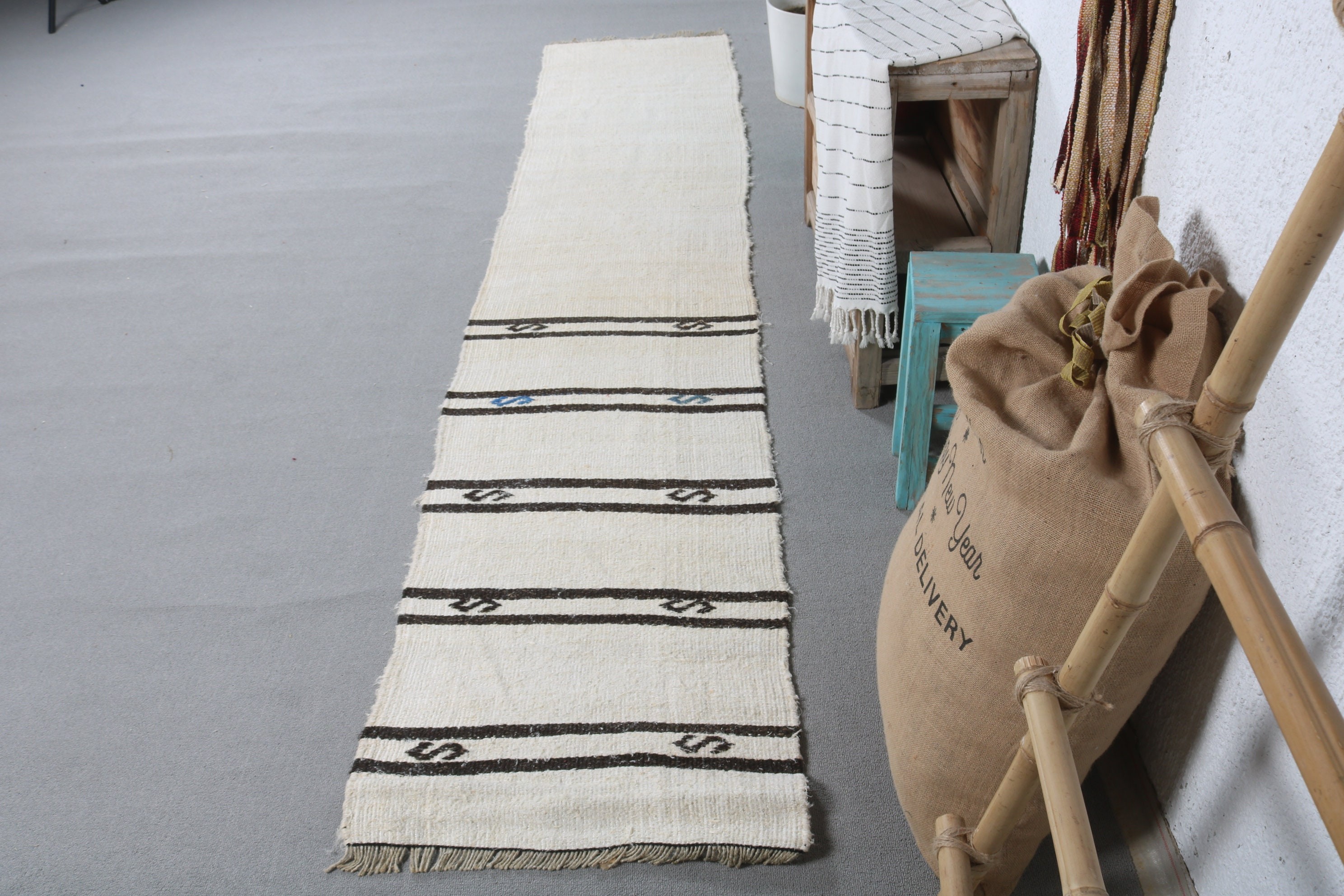 Rugs for Stair, White Wool Rug, Aztec Rugs, Bedroom Rugs, Vintage Rugs, Turkish Rug, Corridor Rug, 1.8x9.5 ft Runner Rug