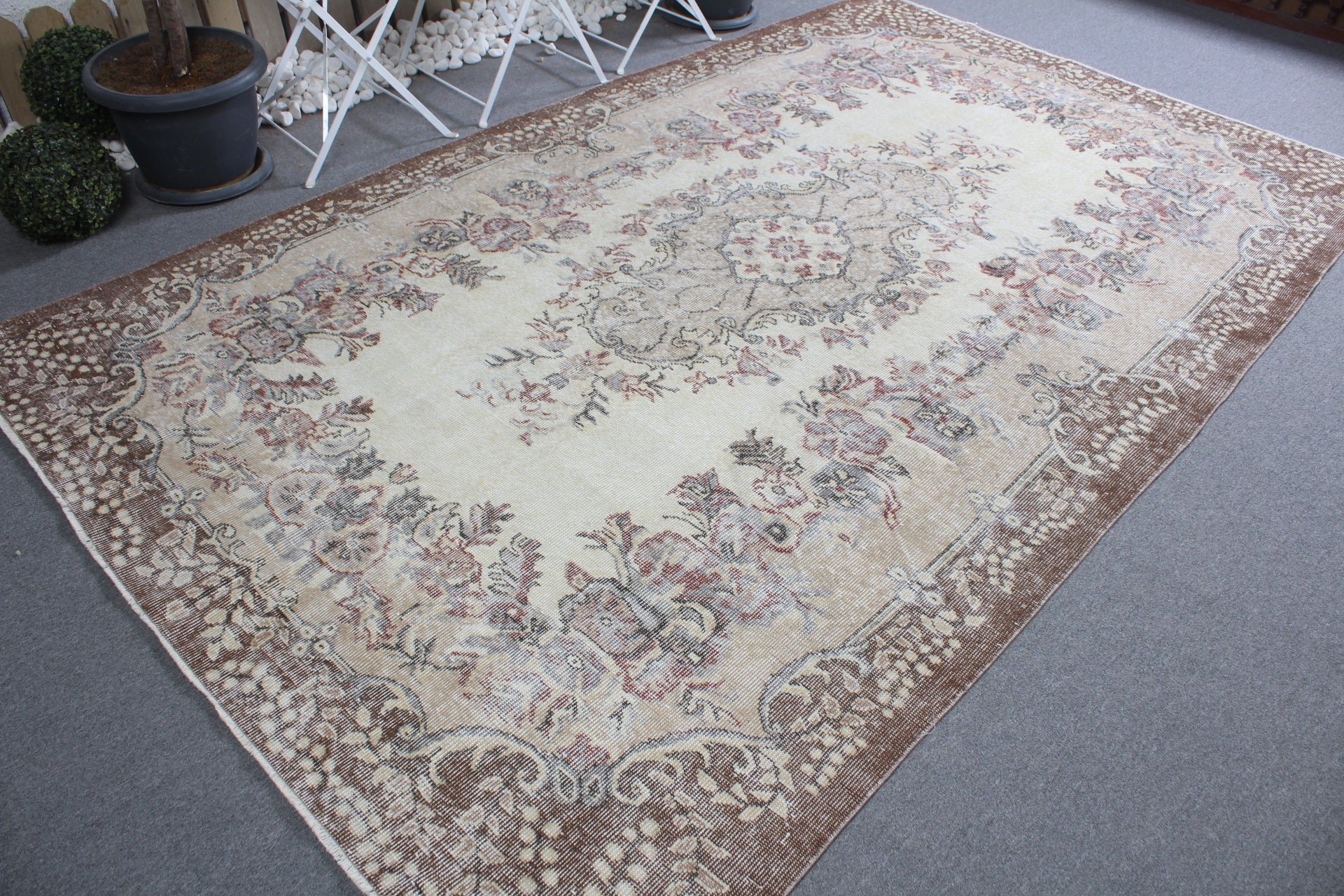 6.2x10.3 ft Büyük Halılar, Antika Halı, Bej Yün Halı, Vintage Halı, Oushak Halıları, Türk Halıları, Salon Halısı, Yemek Odası Halıları, Yer Halısı