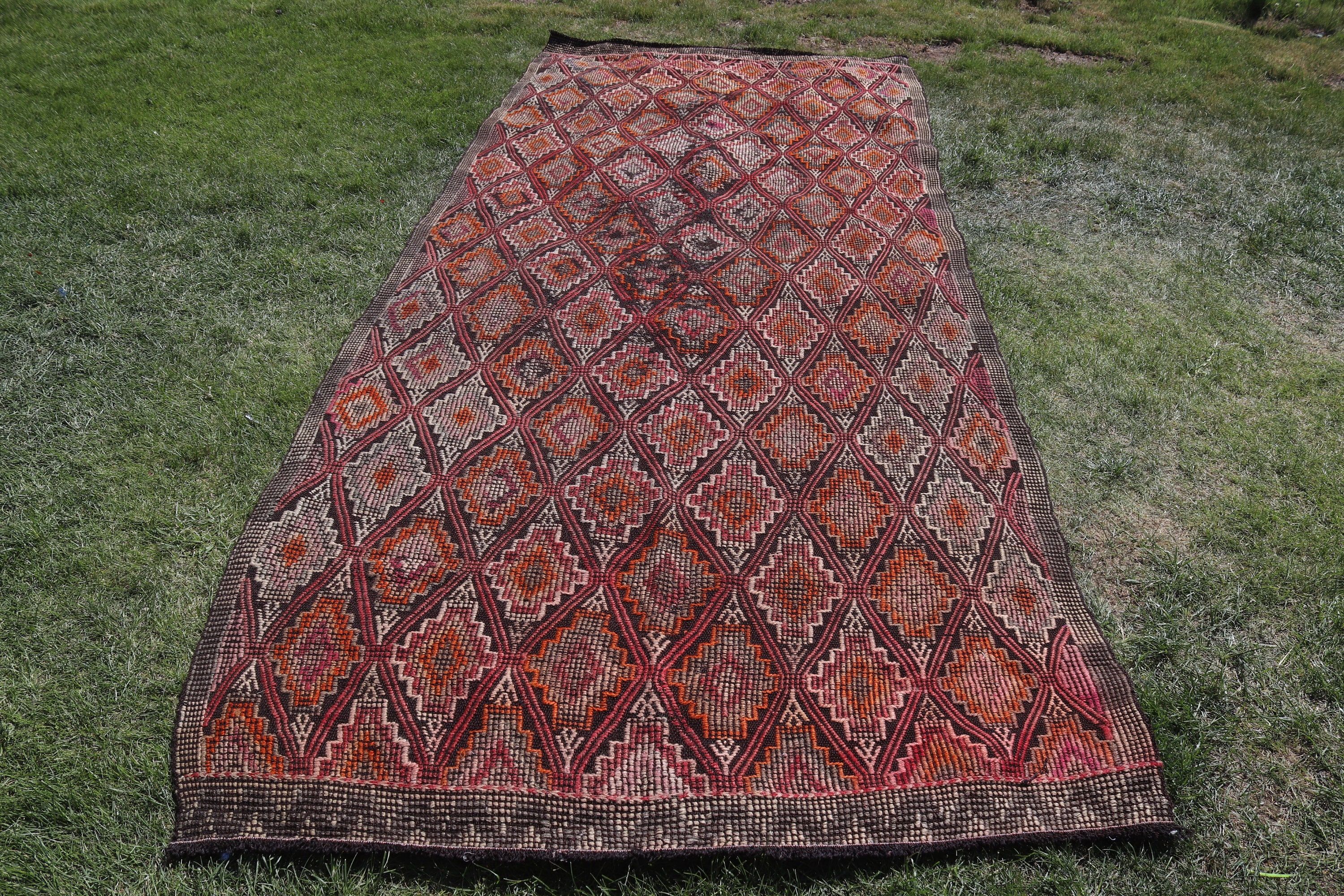 Salon Halısı, Kilim, Pembe Geometrik Halı, Mutfak Halıları, Türk Halıları, Vintage Halılar, Büyük Boho Halıları, Ev Dekorasyonu Halıları, 4,9x11,7 ft Büyük Halı