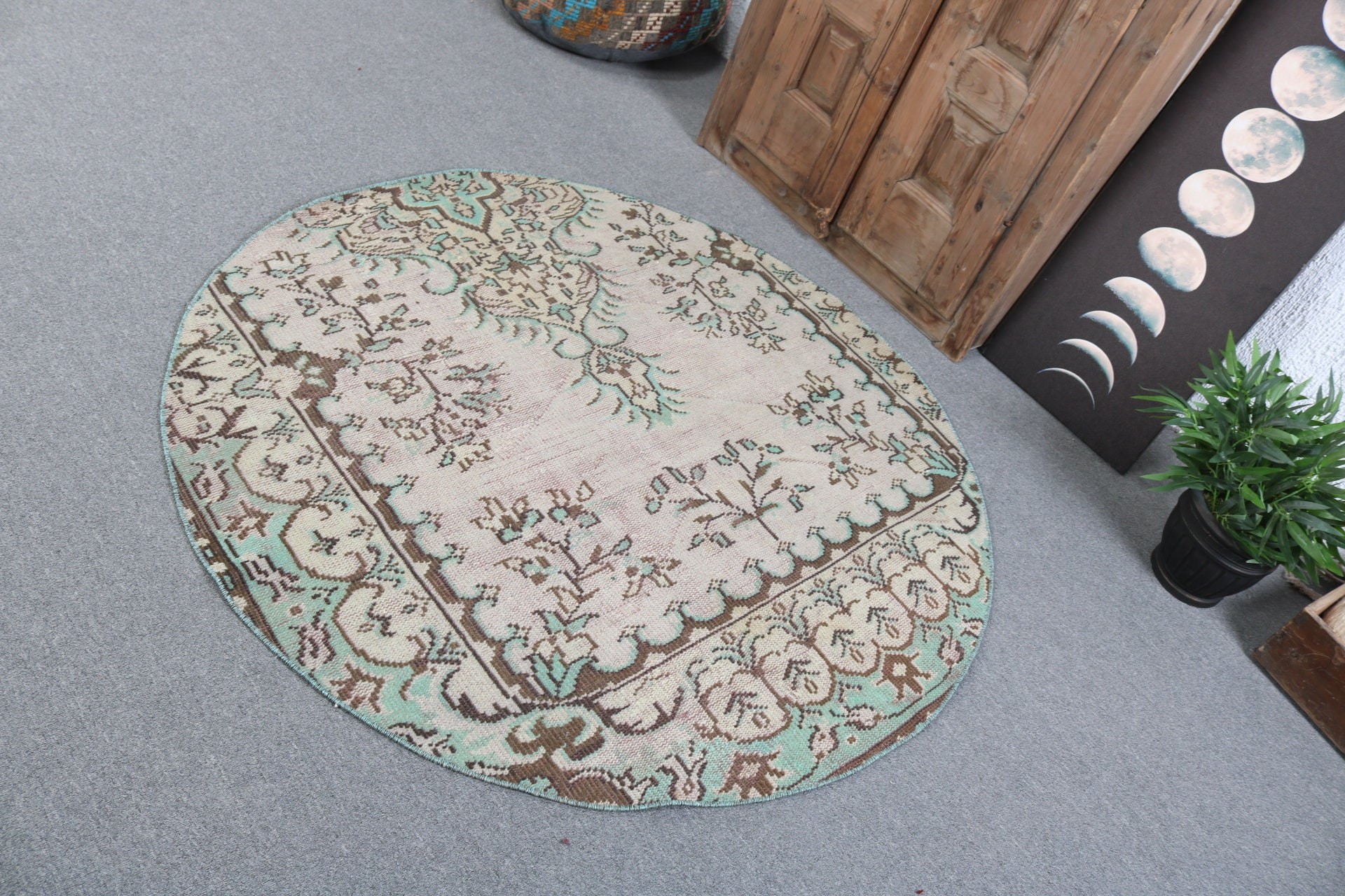 Boho Accent için Halılar, Yeşil Ev Dekorasyonu Halısı, Vintage Halılar, Giriş Halıları, 4.7x4.7 ft Accent Halı, El Dokuma Halı, Yatak Odası Halısı, Türk Halıları