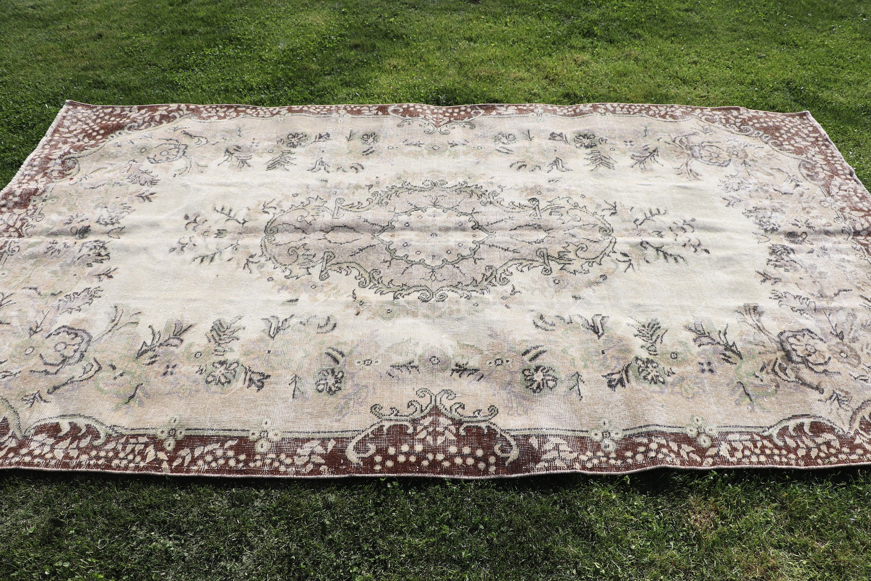 Oturma Odası Halıları, Vintage Halı, Geometrik Halı, Bej Geometrik Halı, Büyük Oushak Halıları, Boho Halısı, Türk Halısı, 5.1x9.1 ft Büyük Halılar