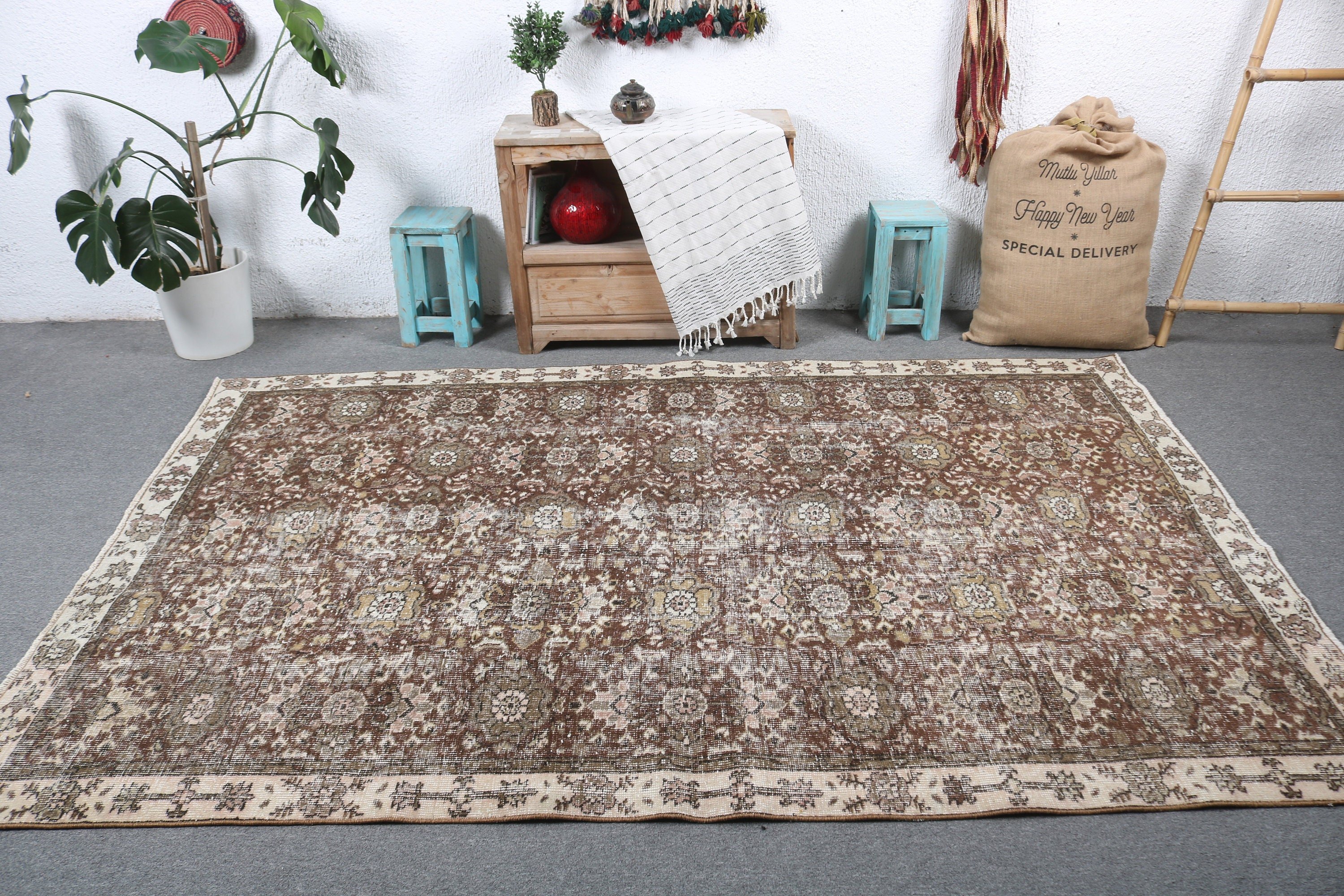 5.3x8.1 ft Büyük Halılar, Yemek Odası Halısı, Yün Halı, Vintage Halılar, Salon Halısı, Salon Halıları, Türk Halısı, Kahverengi Anadolu Halısı