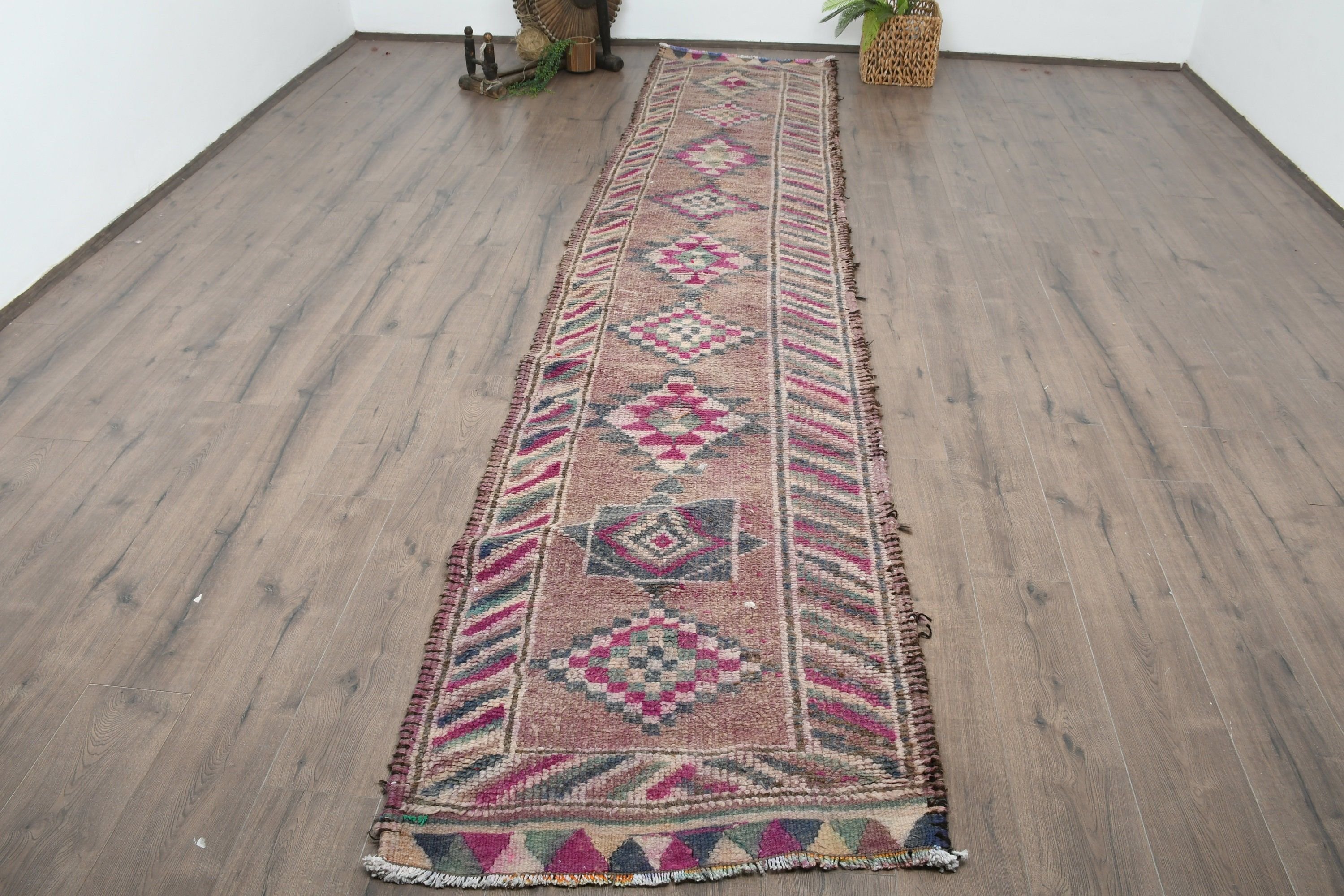 Eclectic Rug, Vintage Rug, Brown Anatolian Rugs, Floor Rugs, Stair Rug, Corridor Rugs, 2.8x13.2 ft Runner Rug, Turkish Rugs, Bedroom Rug