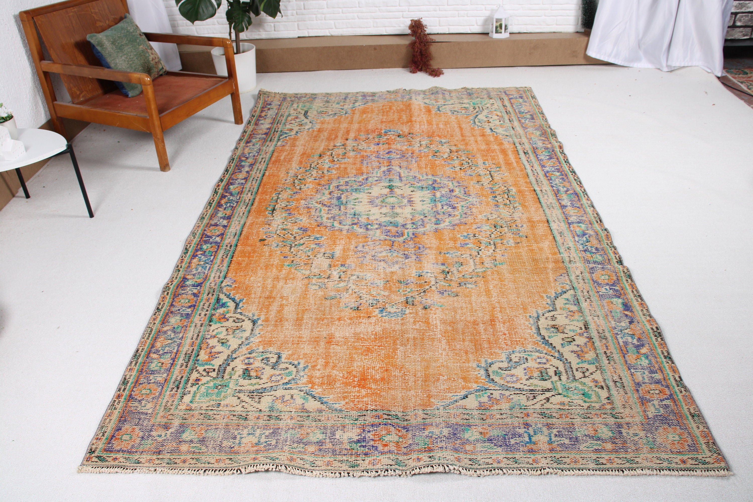 Açıklama Halısı, Büyük Vintage Halılar, 5.5x9.3 ft Büyük Halılar, Turuncu Oushak Halısı, Ev Dekorasyonu Halısı, Vintage Halılar, Yatak Odası Halıları, Türk Halısı