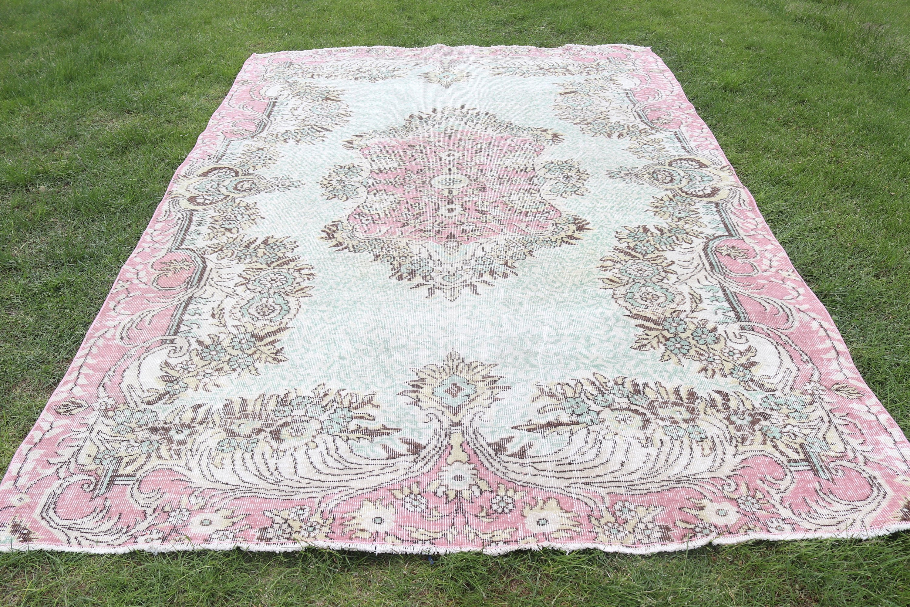 Vintage Halılar, 6,4x9,3 ft Büyük Halılar, Yeşil Modern Halılar, Büyük Oushak Halısı, Yatak Odası Halısı, Türk Halısı, Yün Halısı, Büyük Boho Halıları