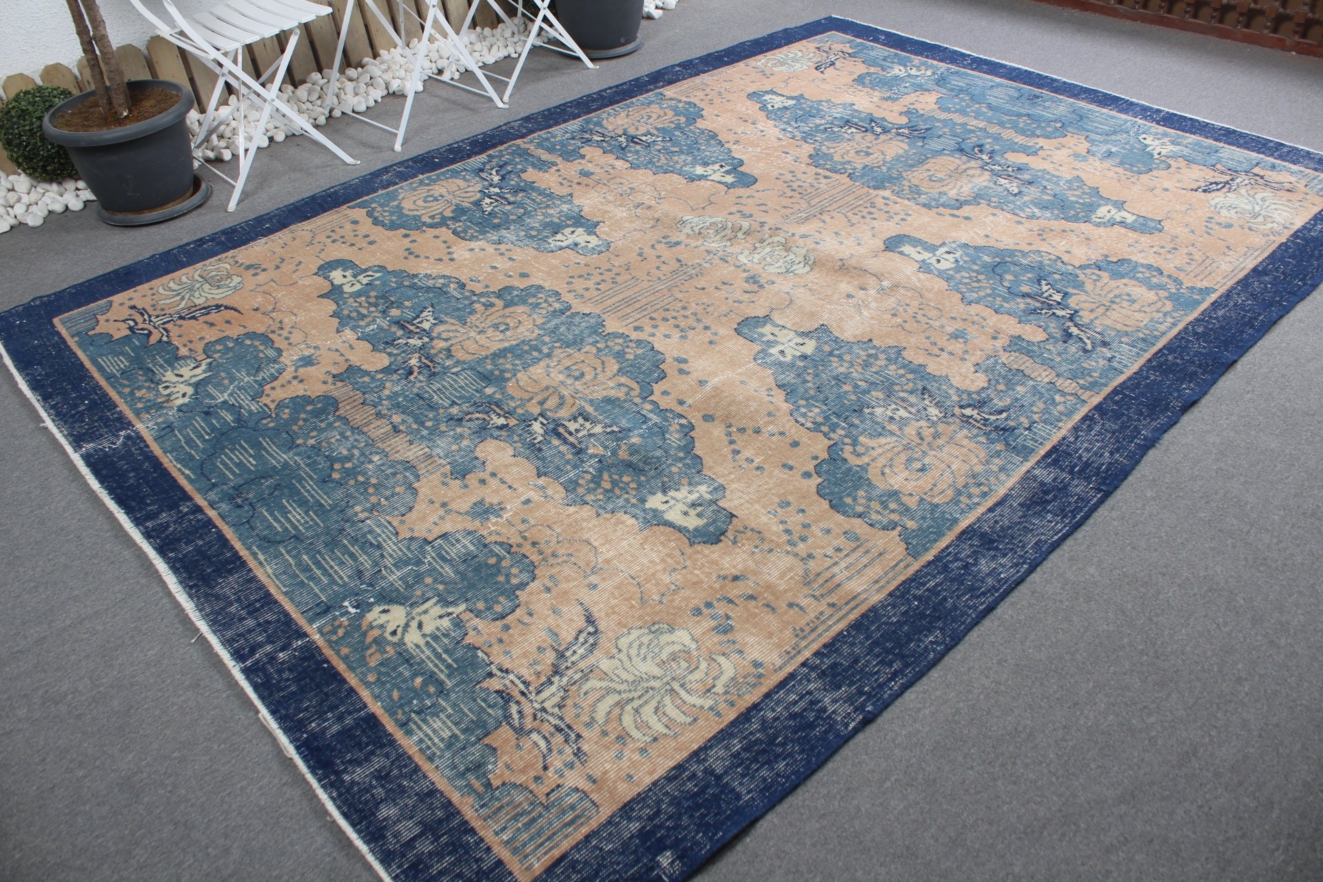 Kitchen Rug, Moroccan Rug, Living Room Rug, Rugs for Salon, Vintage Rug, Blue Moroccan Rug, Salon Rug, Turkish Rugs, 7.5x7.3 ft Large Rugs