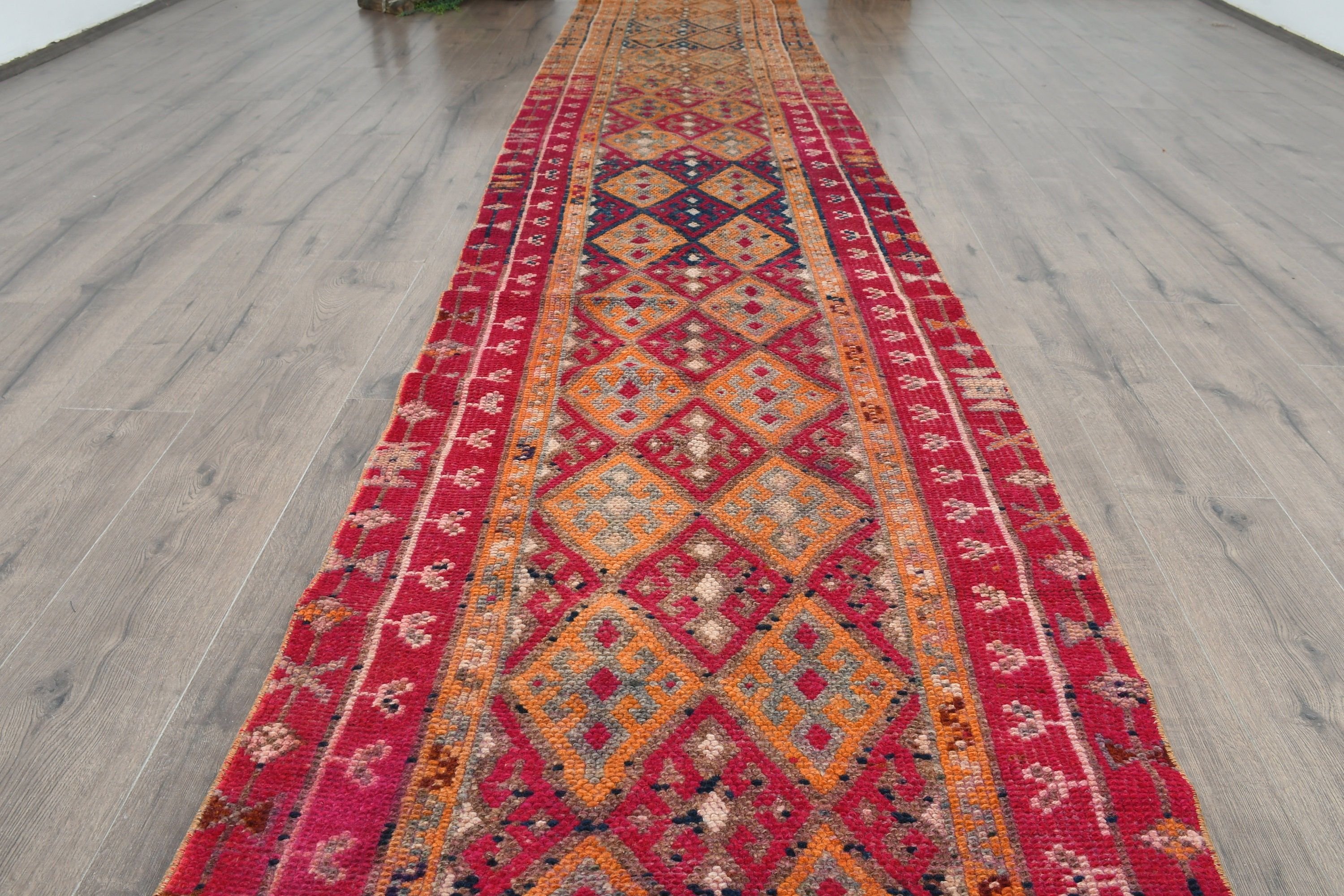 Düz Dokuma Halı, 2,6x14,2 ft Yolluk Halı, Vintage Halı, Havalı Halı, Oryantal Halı, Türk Halıları, Mutfak Halıları, Pembe Yün Halı, Koridor Halıları