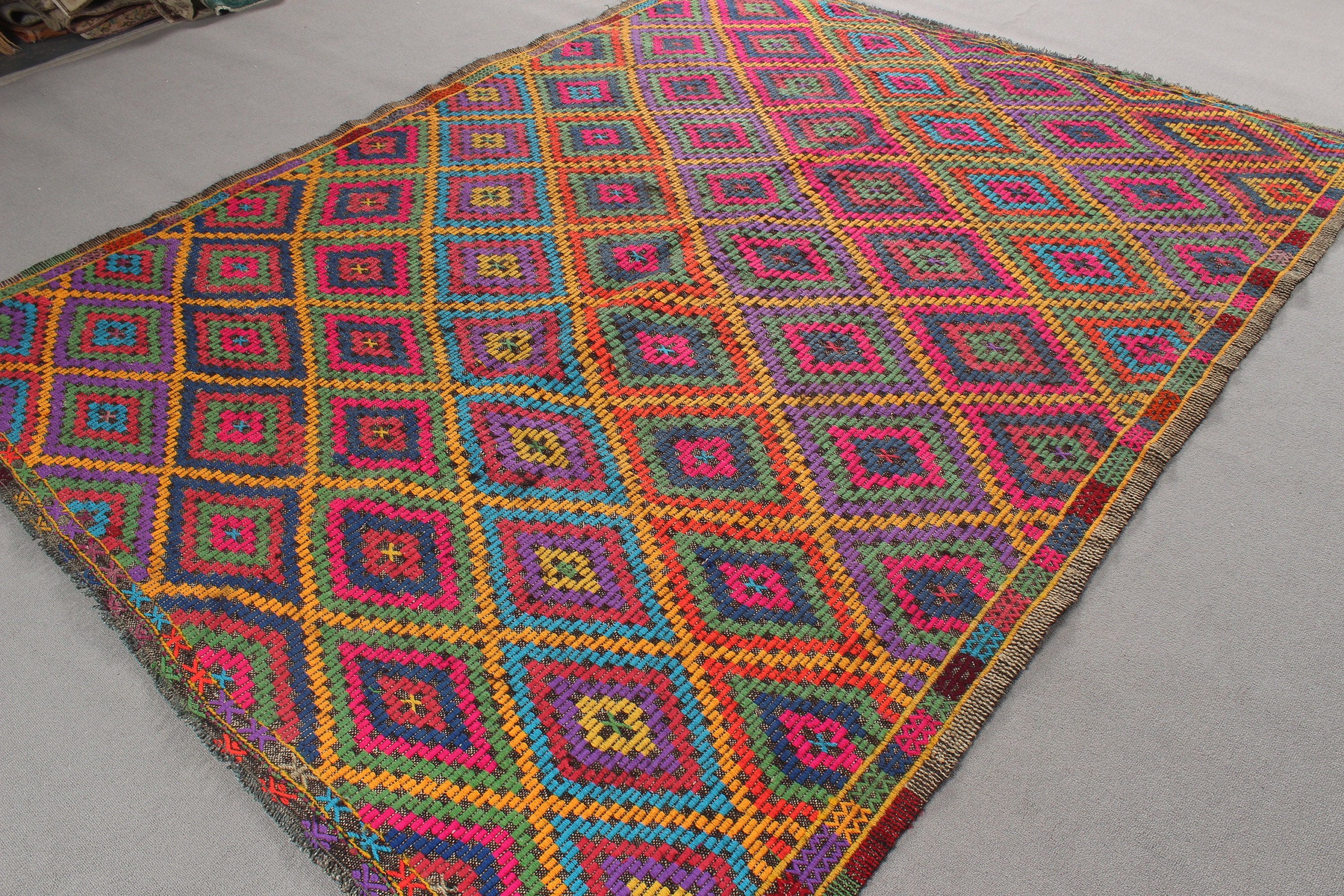 Düz Dokuma Halılar, Türk Halısı, Vintage Halılar, Oryantal Halı, 6,6x8,5 ft Büyük Halı, Gökkuşağı Ev Dekor Halısı, Kilim, Egzotik Halı, Büyük Oushak Halısı