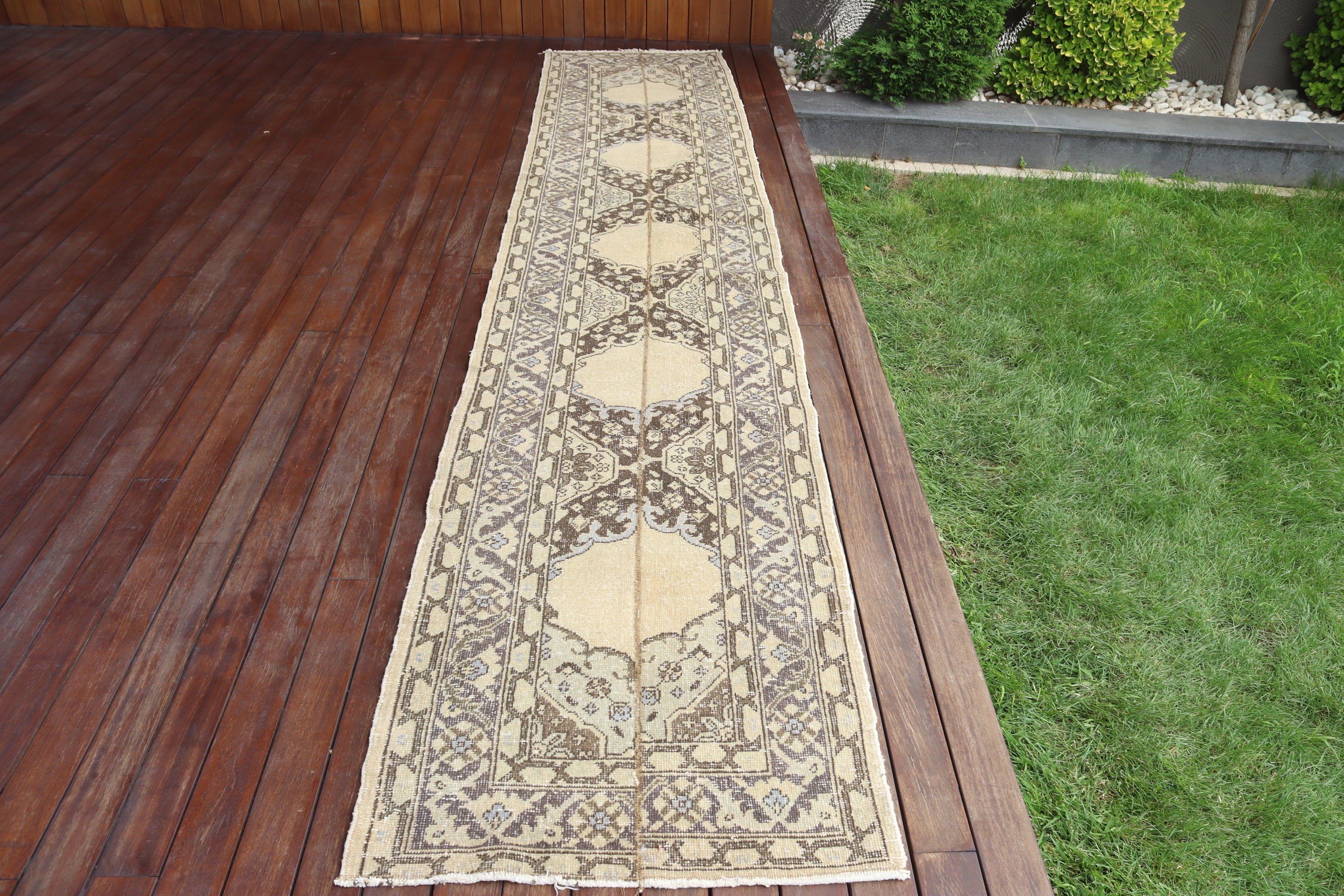 Wool Rug, 2.5x13.2 ft Runner Rugs, Floor Rugs, Luxury Rugs, Vintage Rugs, Beige Cool Rugs, Stair Rugs, Turkish Rug, Long Runner Rugs