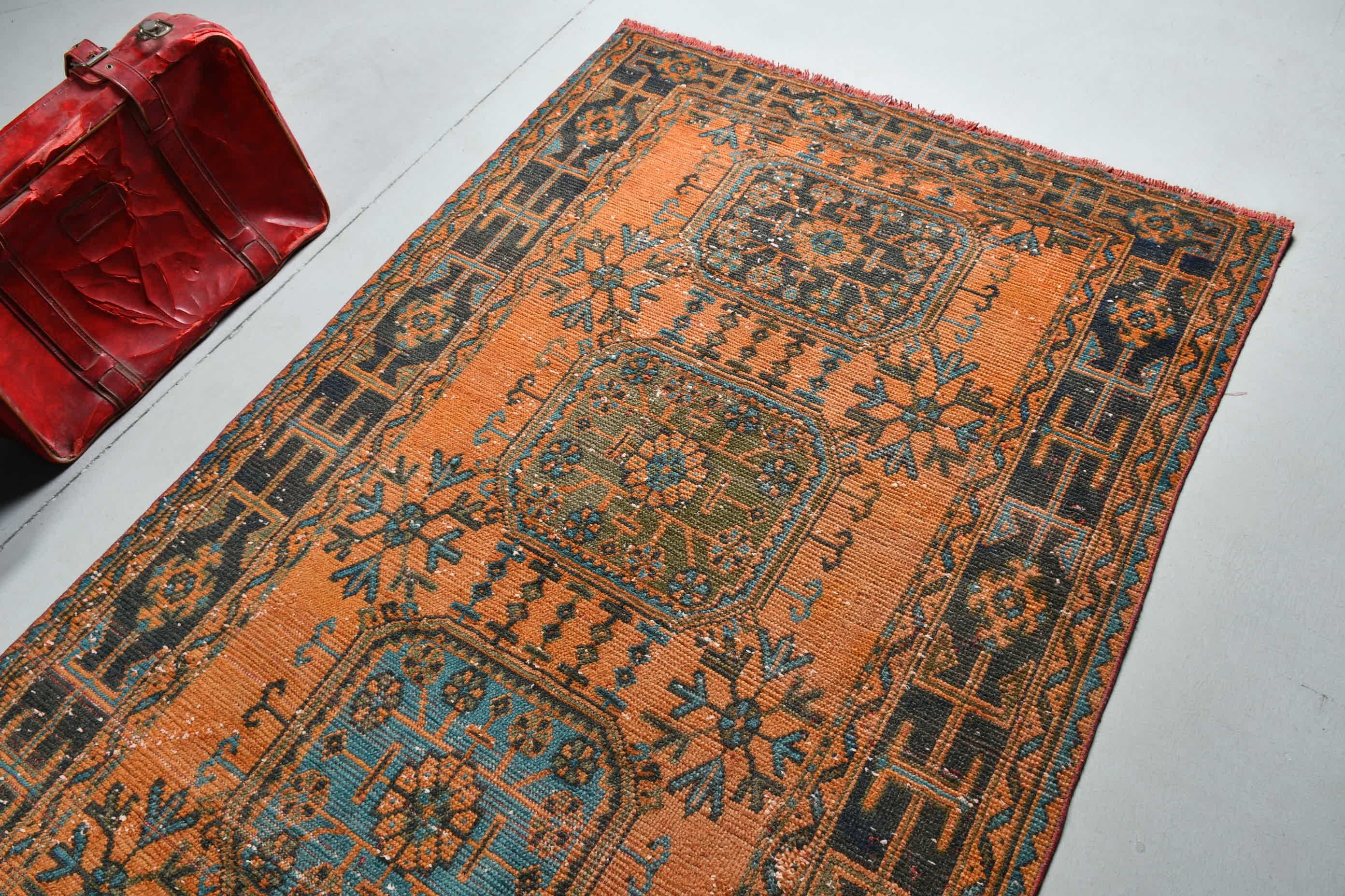 Turuncu Yün Halı, Oryantal Halı, Yün Halılar, Türk Halıları, 4,5x10,5 ft Büyük Halı, Salon Halıları, Oturma Odası Halısı, Yatak Odası Halısı, Vintage Halılar