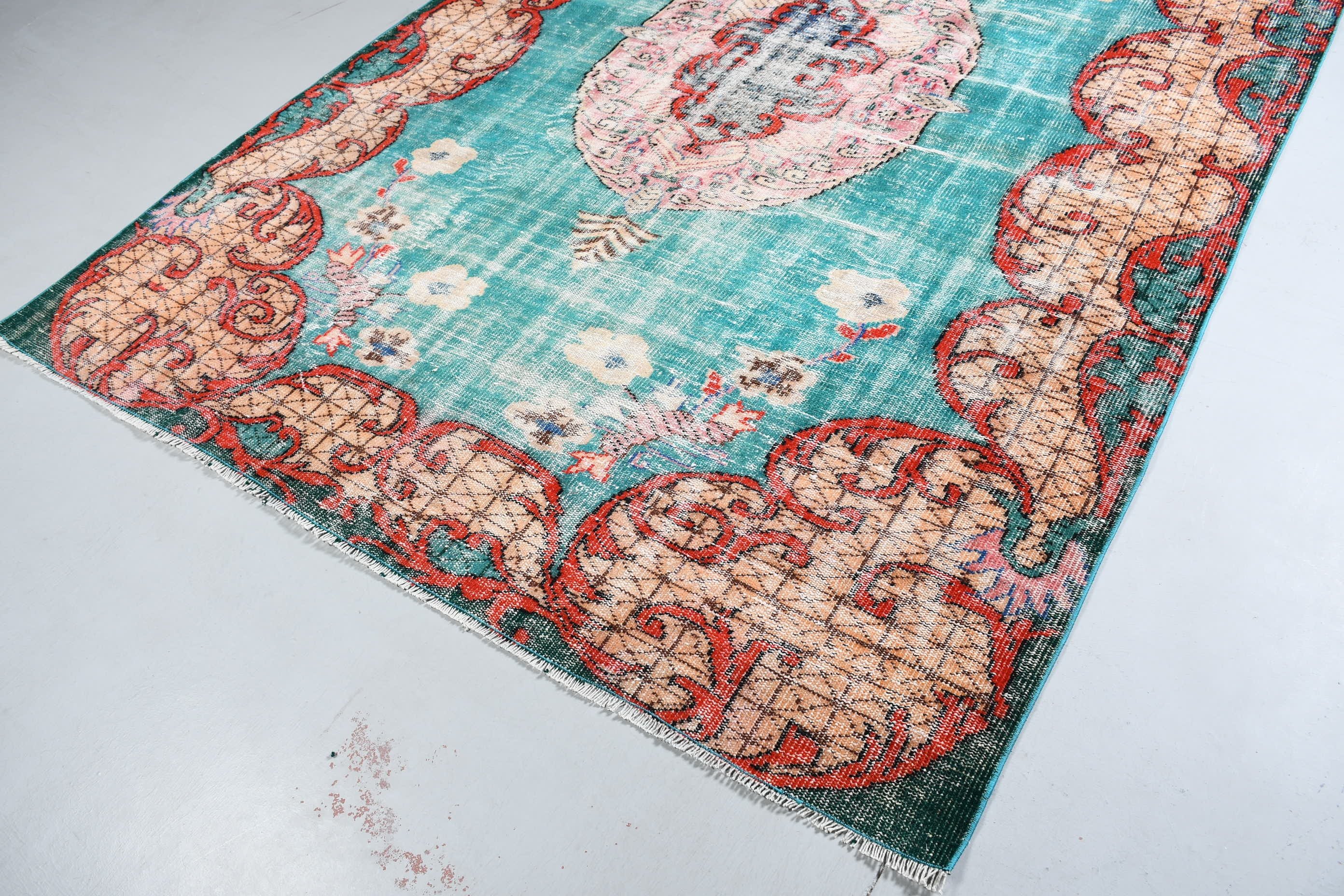 Bedroom Rug, Turkish Rug, 6.7x9.4 ft Large Rugs, Floor Rug, Vintage Rugs, Living Room Rug, Home Decor Rug, Blue Oushak Rugs, Kitchen Rug