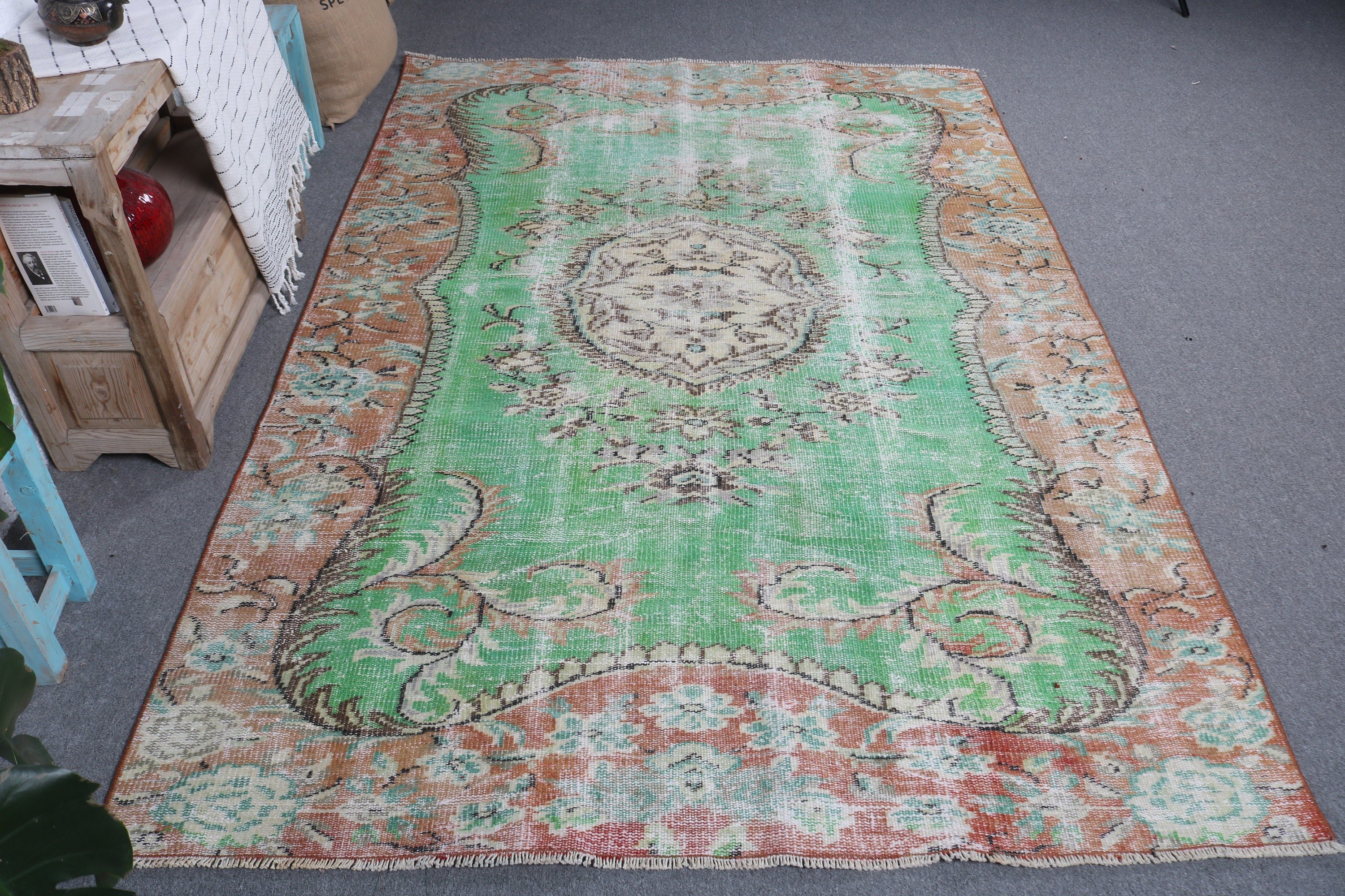 Yeşil Modern Halı, Oryantal Halı, Yemek Odası Halıları, Salon Halıları, Türk Halısı, Vintage Dekor Halıları, 5.3x8 ft Büyük Halı, Vintage Halı, Antika Halı