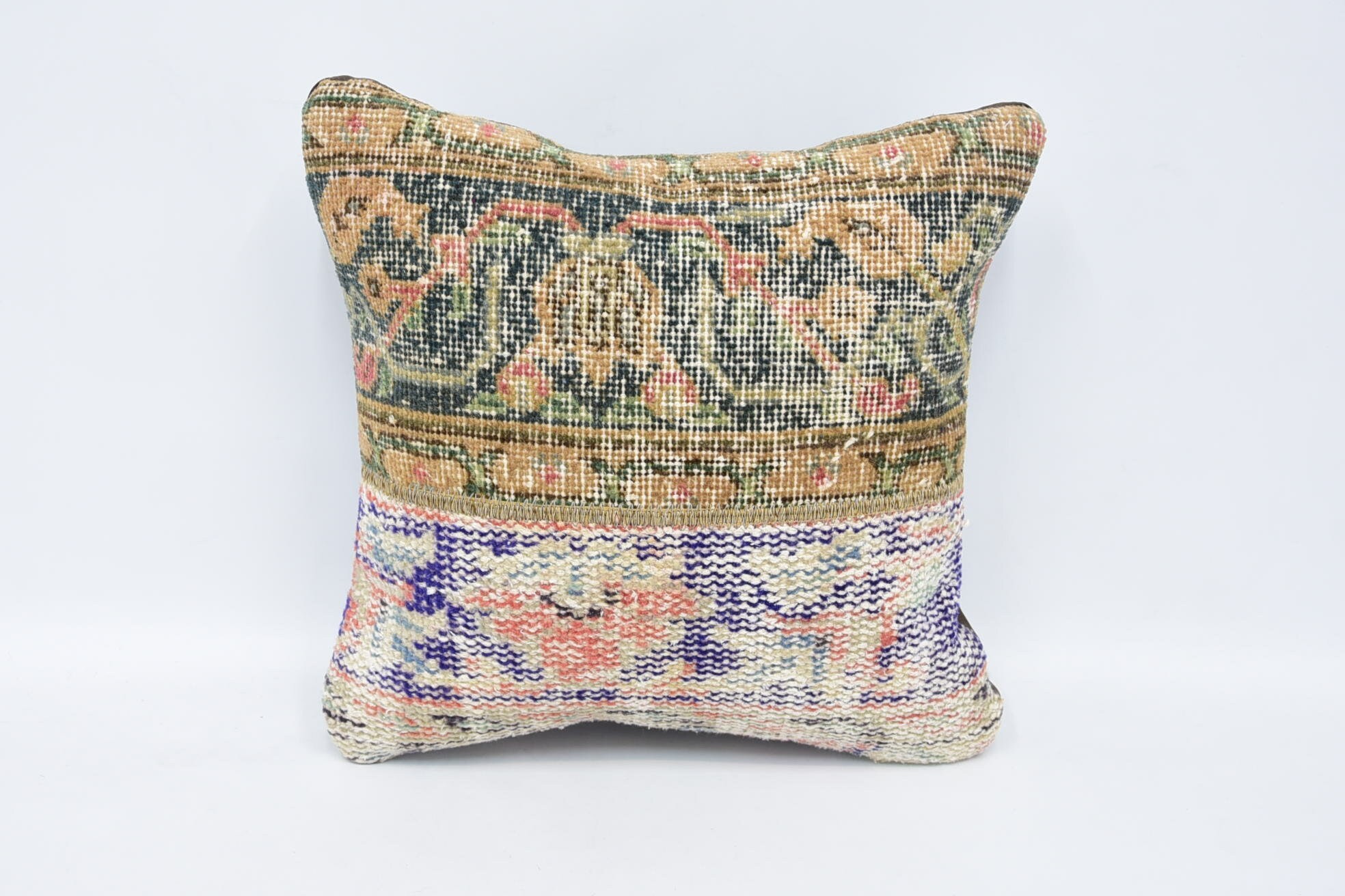 Turkish Bench Pillow, Pillow for Couch, Gift Pillow, Tribal Pillow Cover, 16"x16" Blue Pillow Sham, Vintage Kilim Pillow