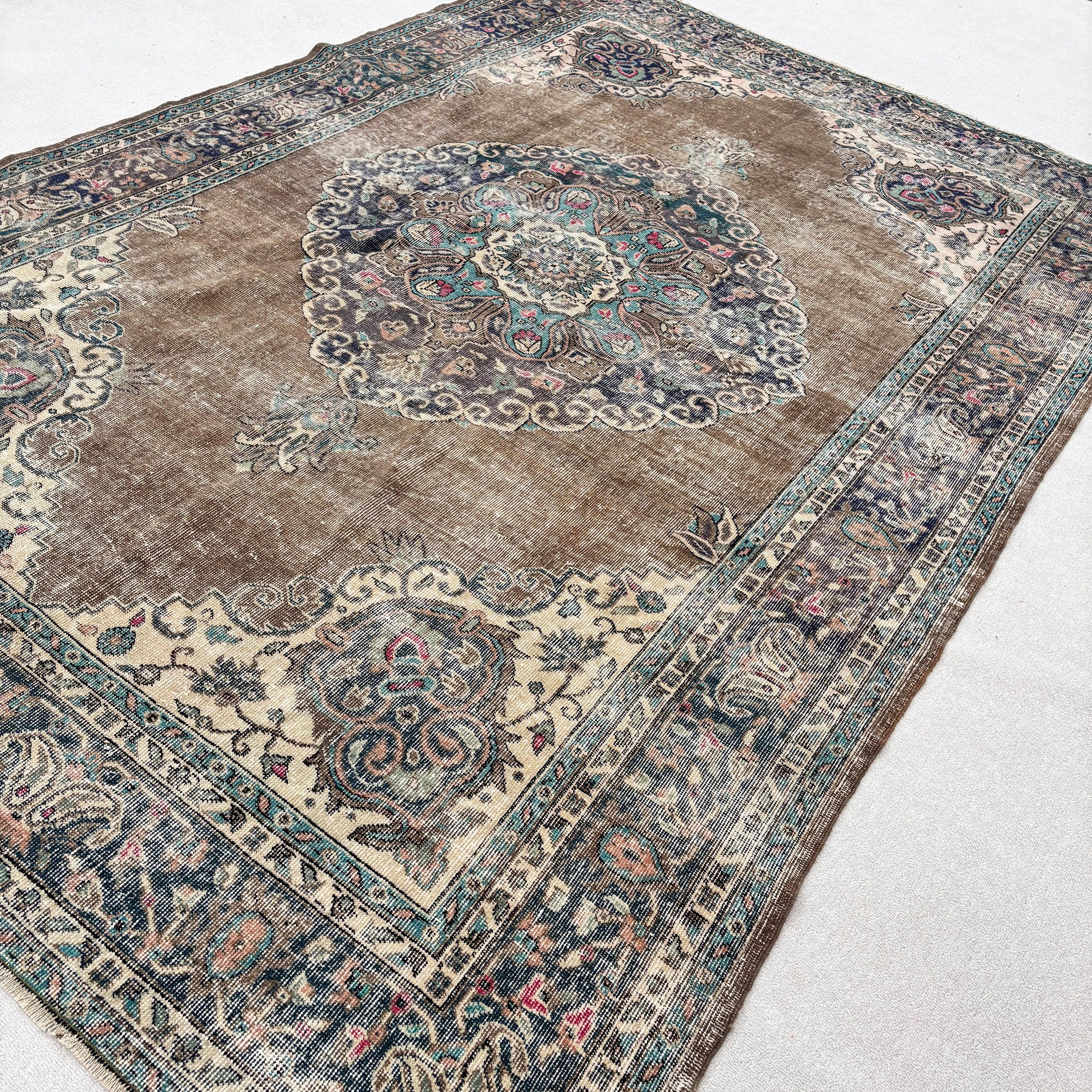 Vintage Halı, Büyük Boho Halı, 6.8x10 ft Büyük Halılar, Büyük Oushak Halıları, Fas Halısı, Ev Dekor Halısı, Türk Halısı, Yeşil El Dokuma Halılar