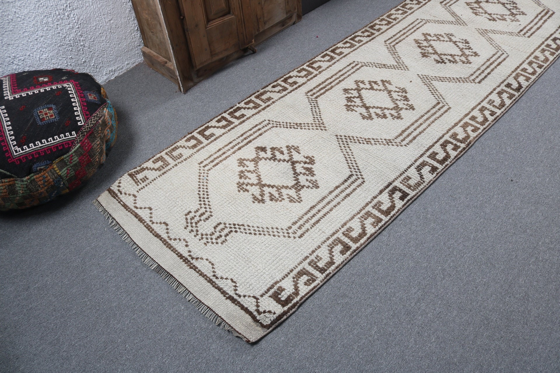 Geometric Rug, Vintage Rugs, Corridor Rug, Beige Antique Rug, Hallway Rugs, Turkish Rug, Kitchen Rug, 3x10.5 ft Runner Rug, Modern Rugs