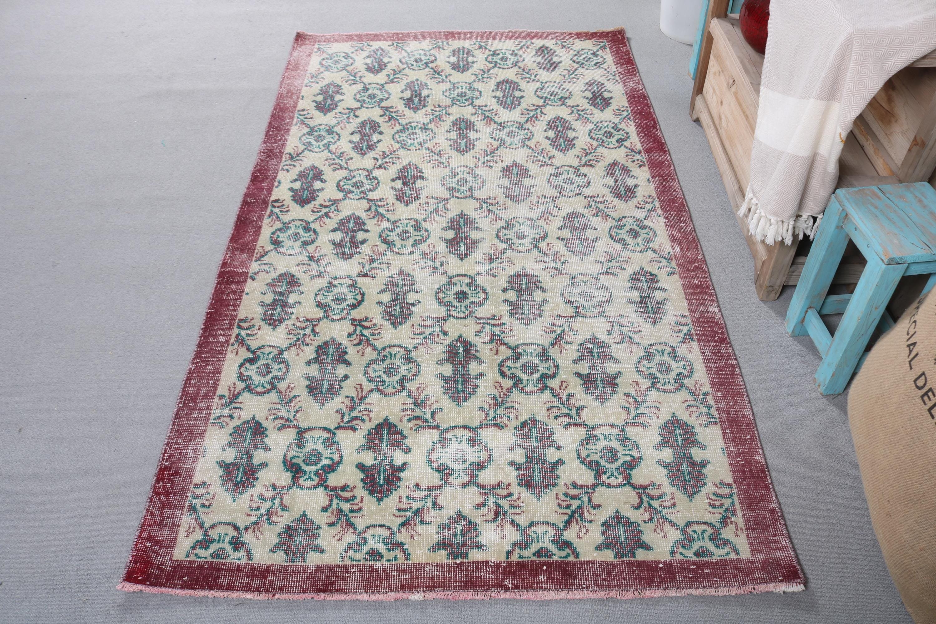 Türk Halısı, 3.7x6.4 ft Vurgulu Halılar, Oryantal Halılar, Vintage Vurgulu Halılar, Çocuk Halısı, Bej Antika Halı, Vintage Halılar, Düz Dokuma Halı