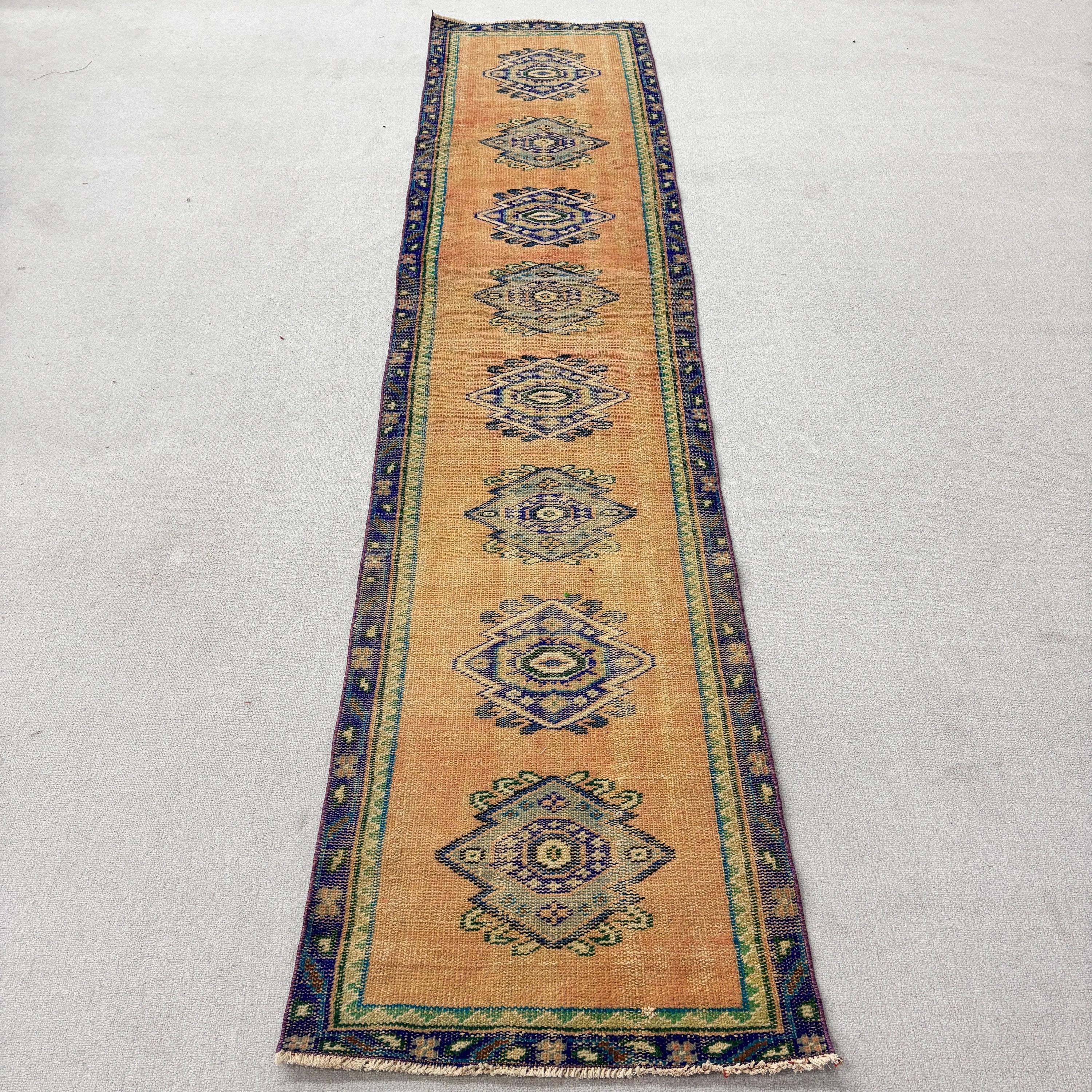 Turuncu Ev Dekor Halıları, Mutfak Halıları, Geometrik Halı, Yatak Odası Halısı, Vintage Halılar, 2.2x10.5 ft Yolluk Halıları, Uzun Yolluk Halısı, Türk Halısı