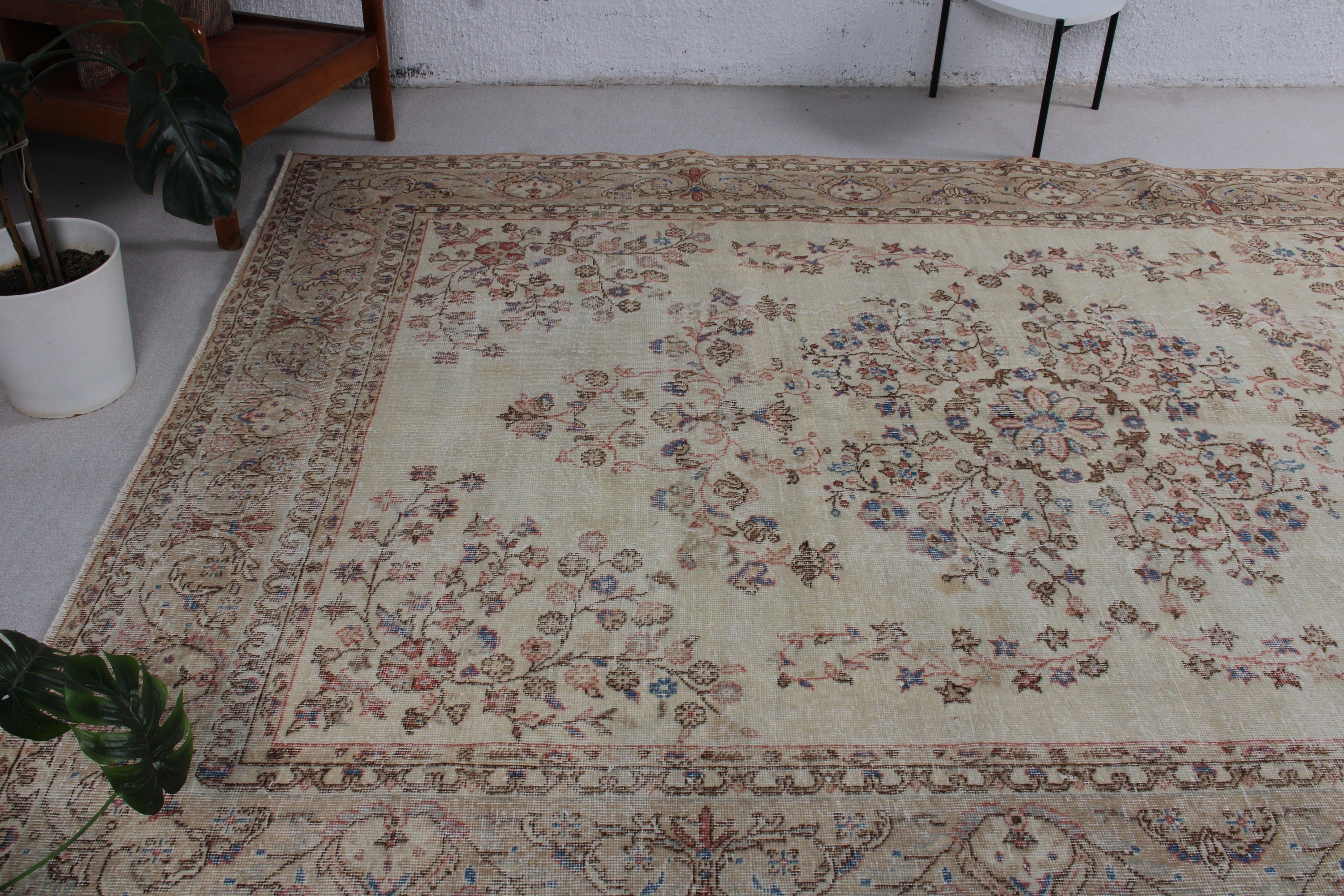 Antika Halılar, Yer Halısı, Bej Fas Halısı, Vintage Halı, Büyük Boy Vintage Halılar, Türk Halısı, Salon Halısı, 7.2x10.5 ft Büyük Boy Halılar