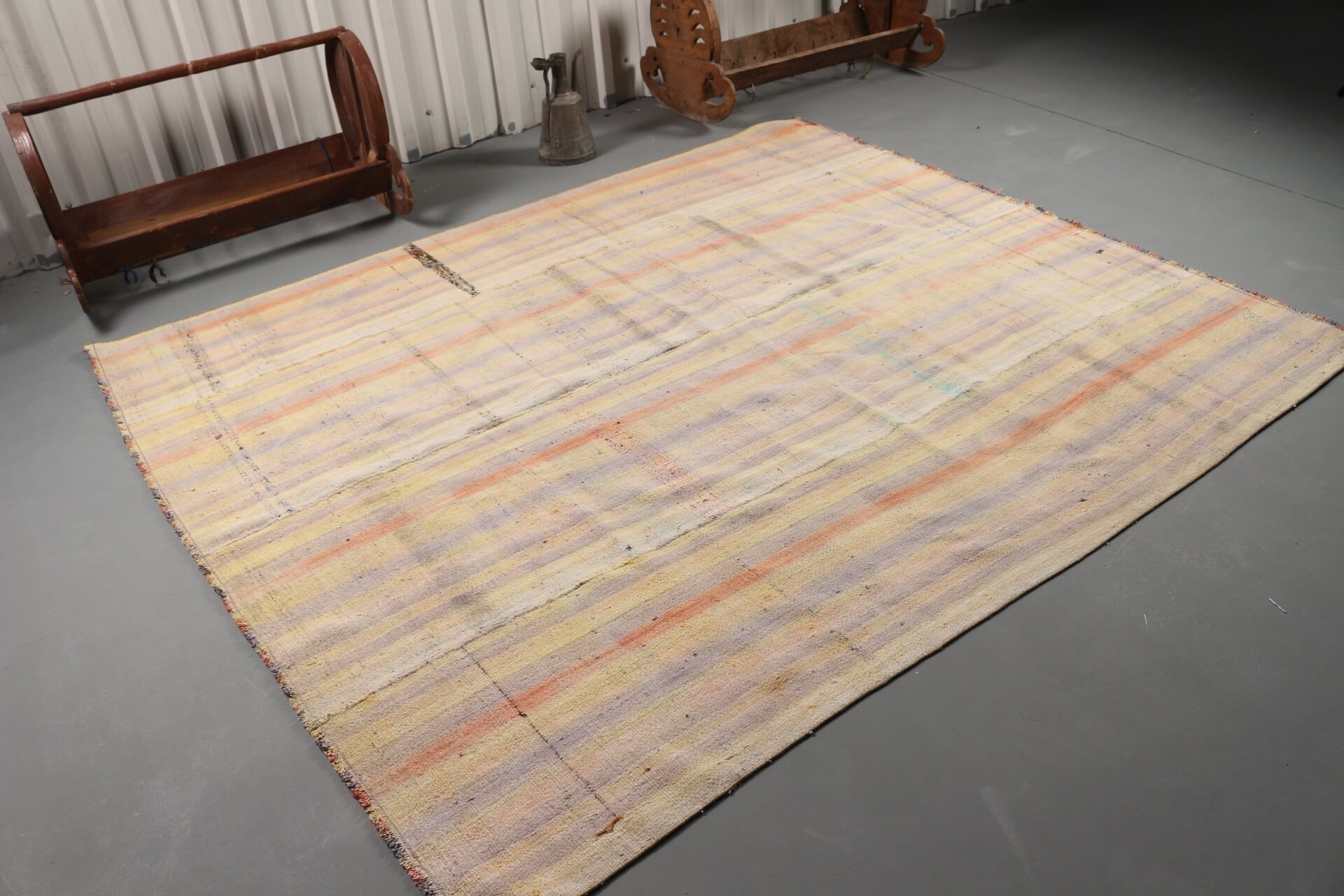 Vintage Halı, 6.7x7.7 ft Büyük Halı, Antika Halı, Kilim, Yemek Odası Halısı, Oryantal Halı, Bej Oushak Halısı, Aztek Halısı, Salon Halısı, Türk Halısı