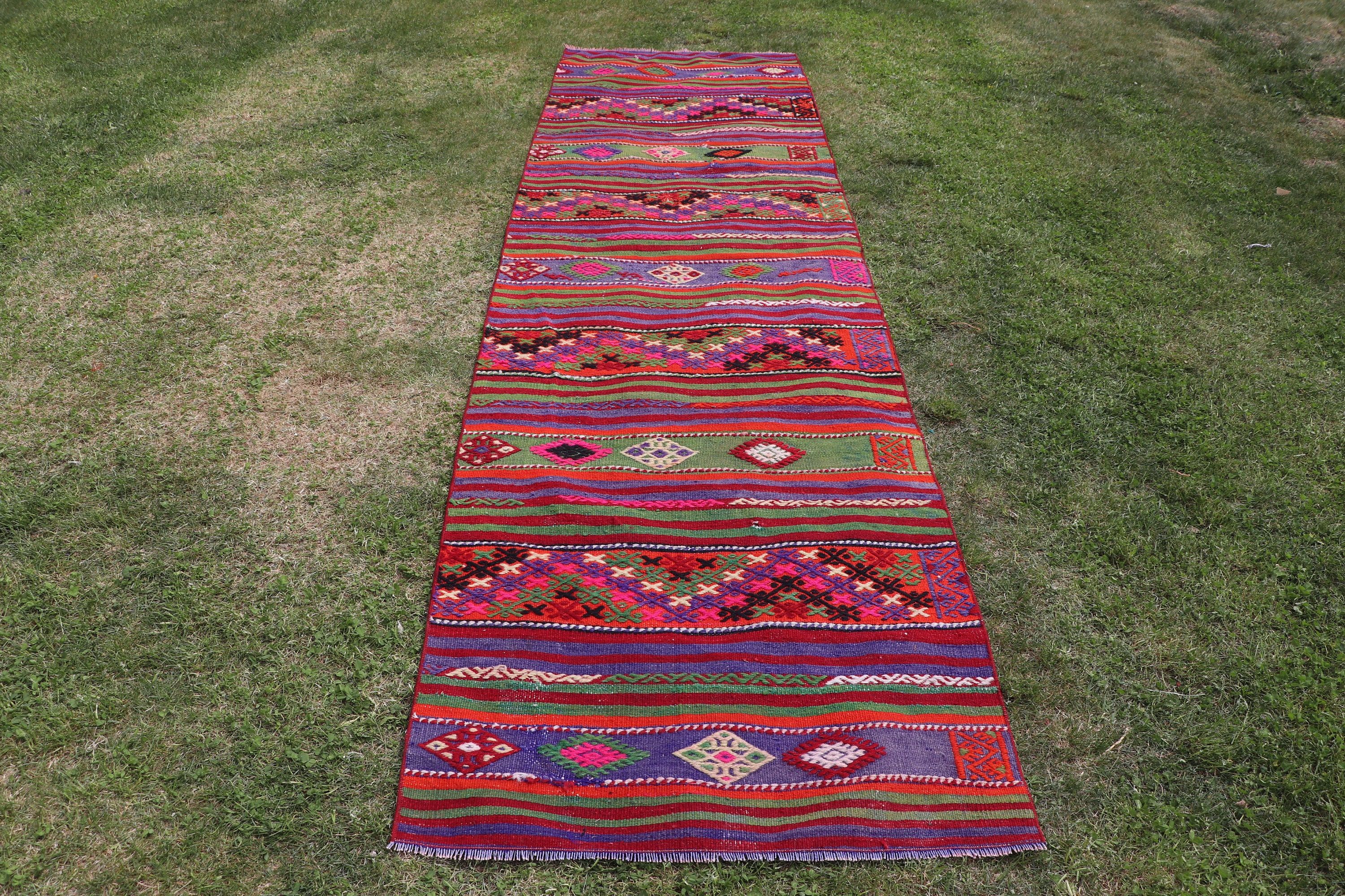 2.9x10.7 ft Runner Rugs, Vintage Rugs, Kilim, Beni Ourain Runner Rugs, Rainbow Anatolian Rugs, Bedroom Rug, Wool Rugs, Turkish Rugs